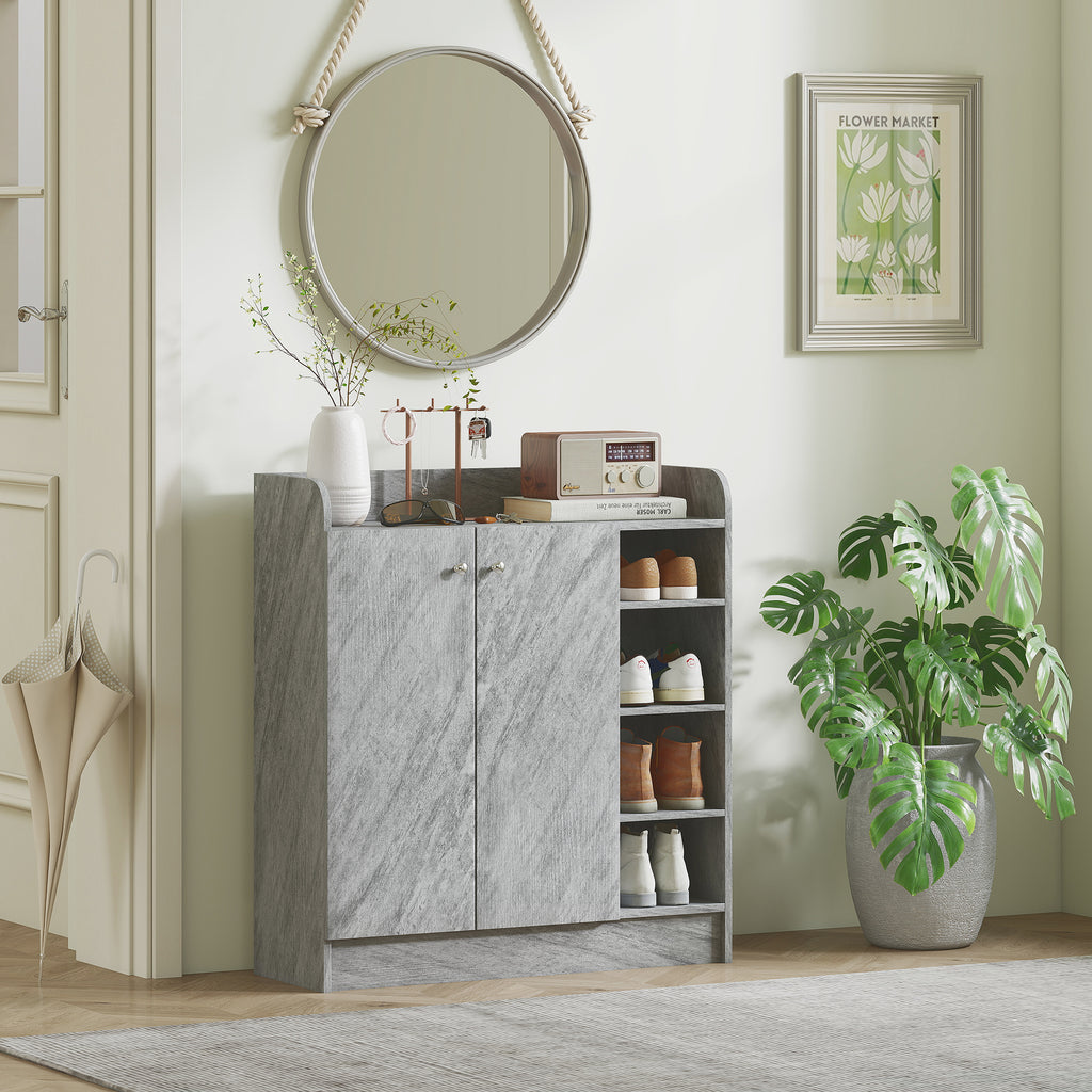 Modern Wooden Shoe Rack with 4 Open Shelves and 12-Pair Storage, 83x30x90 cm, Cement Grey