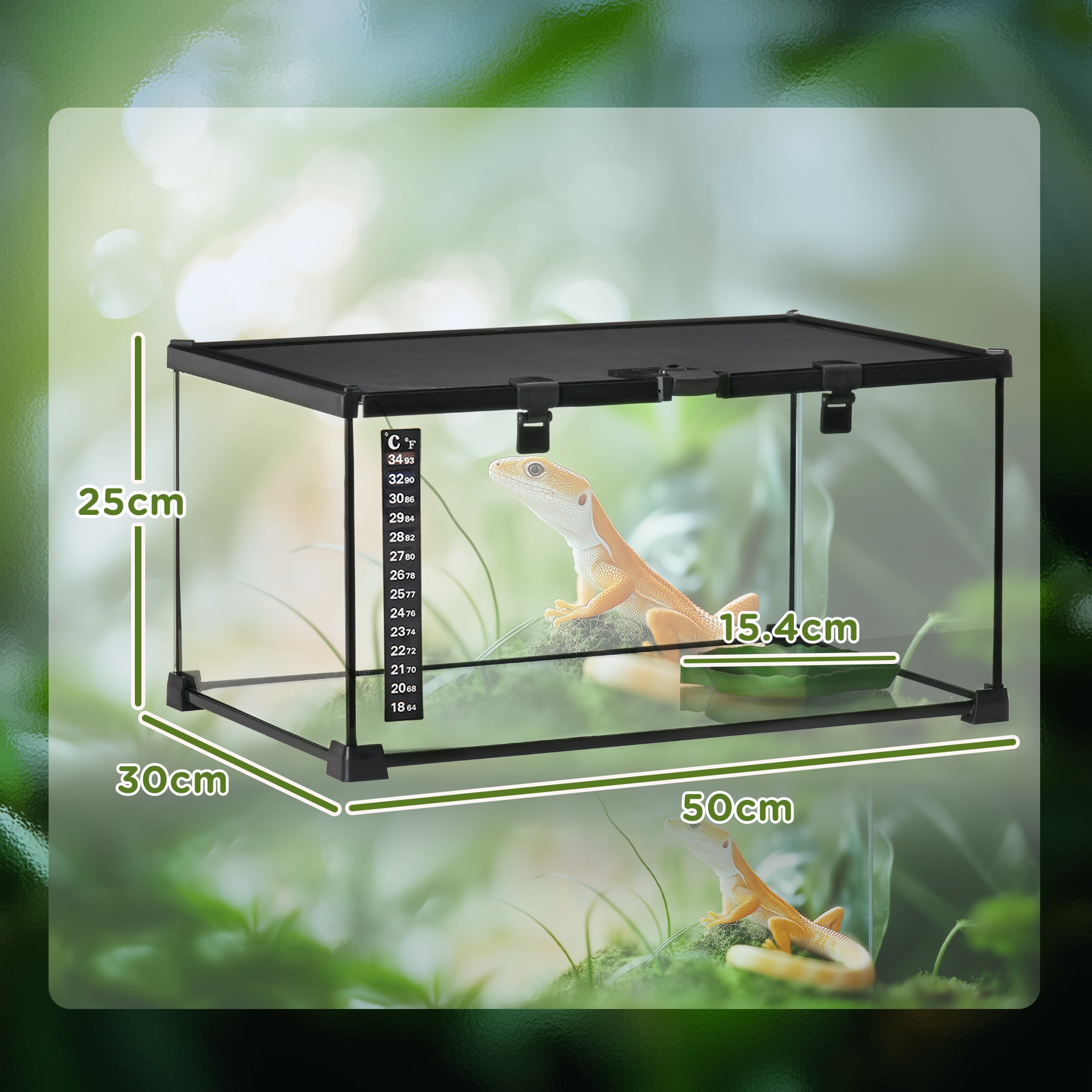 Raised Terrarium for Reptiles with Lock and Thermometer, in Glass and Metal Mesh, 50x30x25 cm, Black