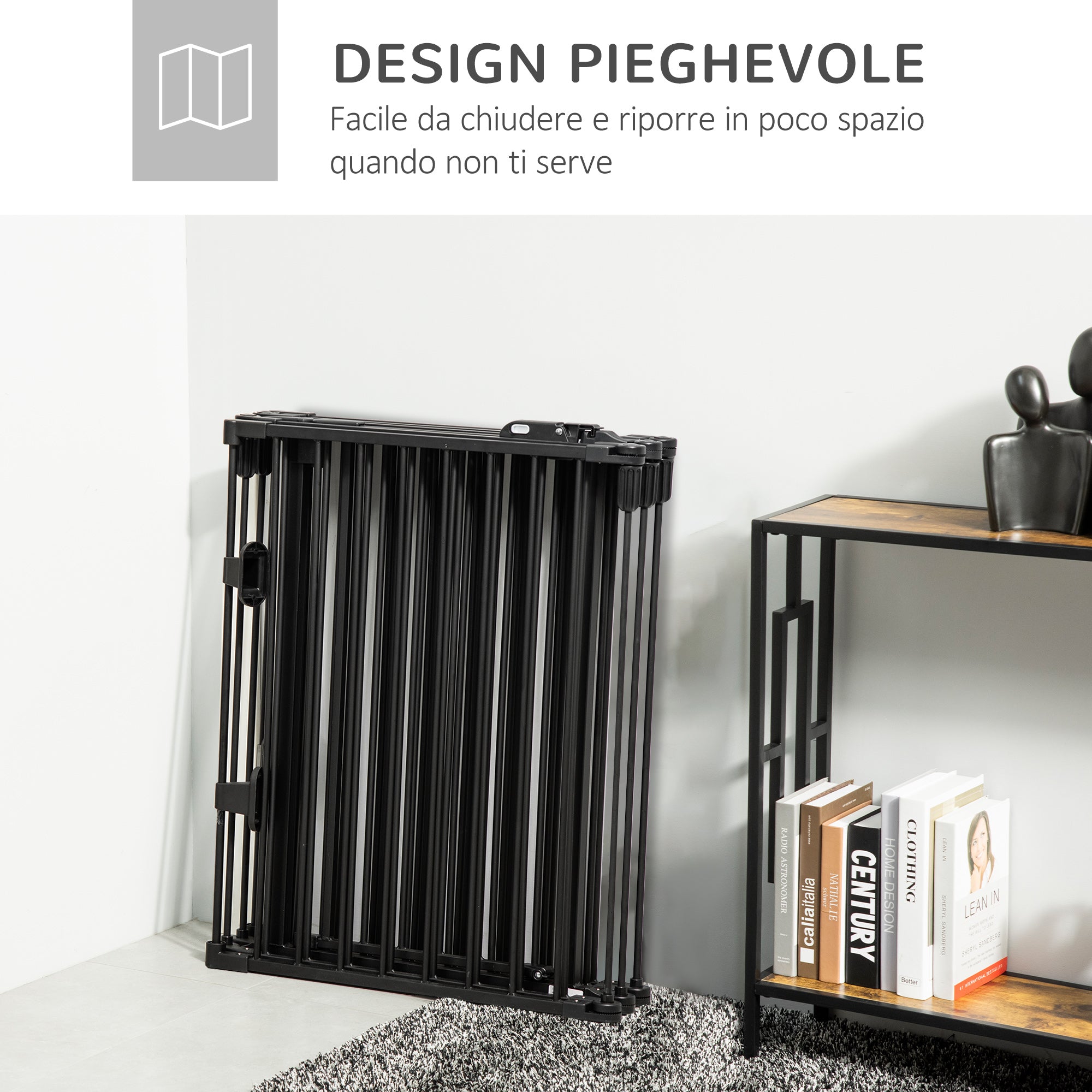 Folding Safety Gate 6 Sections, Steel Dog Barrier Gate, Automatic Locking and Closing System, Black - Borgè