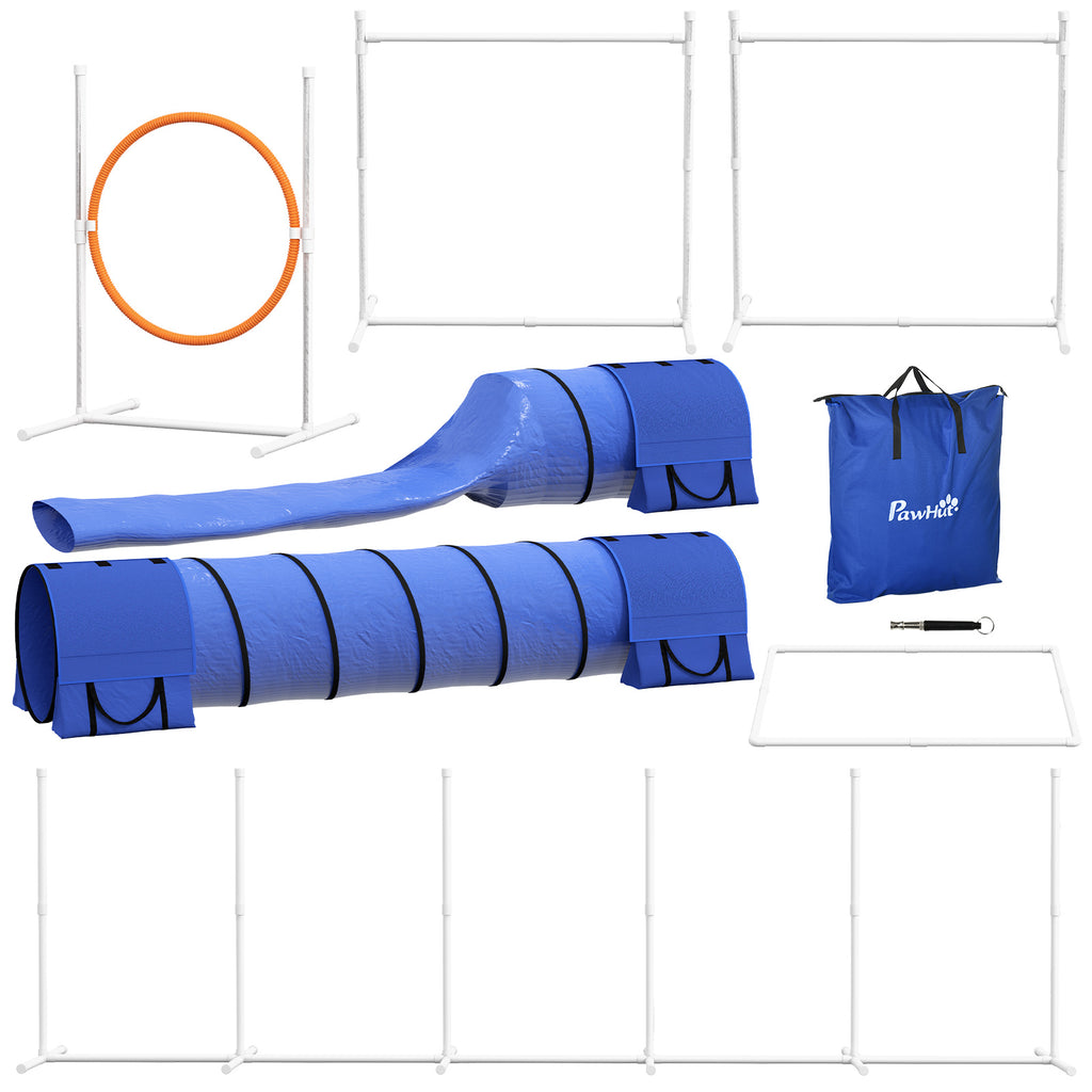 Pawhut Set Agility Dog 7 pieces with whistle and transport bag, plastic and ABS, 89x69x99 cm, blue orange white - Borgè