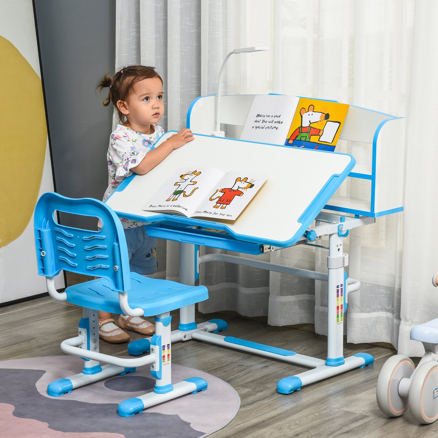 HOMCOM School Desk for Children 6-12 Years Adjustable with LED Light, Lectern and Pen Holder, MDF, PP and Steel, Light Blue