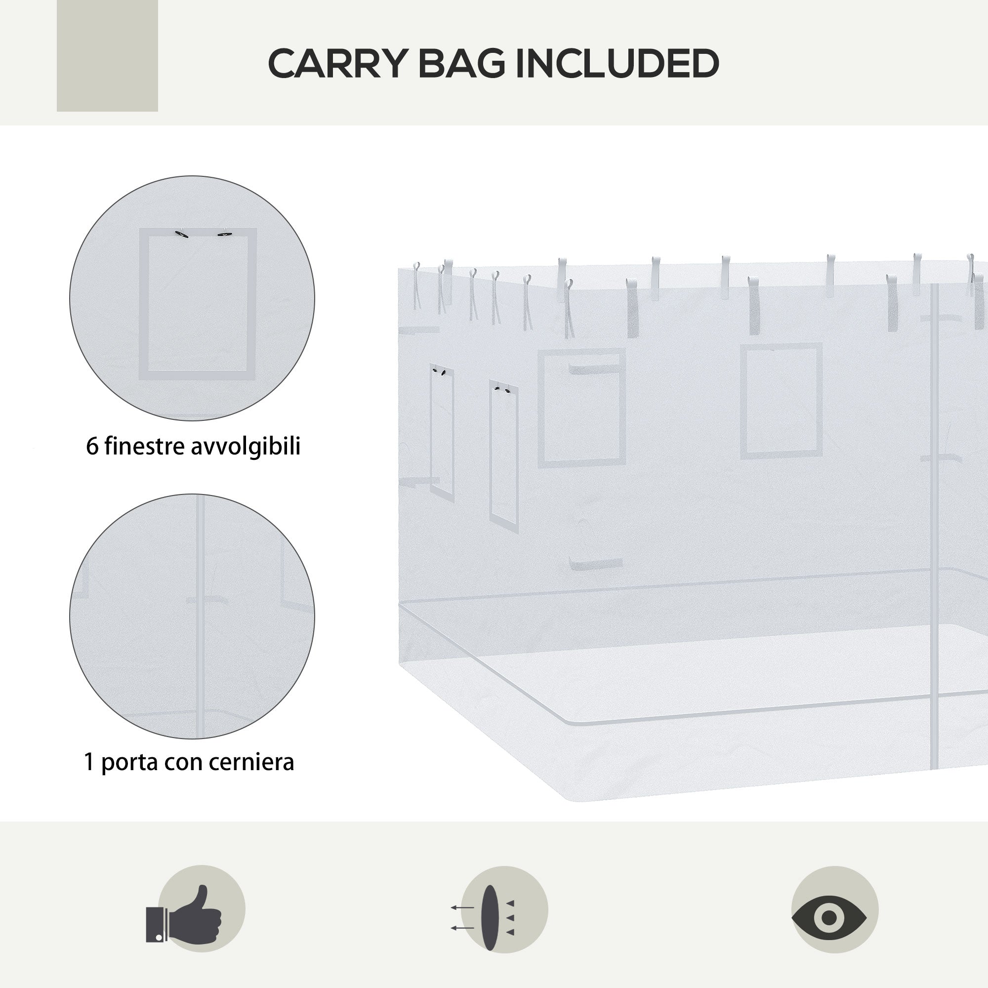 Gazebo Wall 3x3 in Nylon, 3-Piece Mosquito Net Set with 6 Windows and Door with Zip, 300Lx195 cm