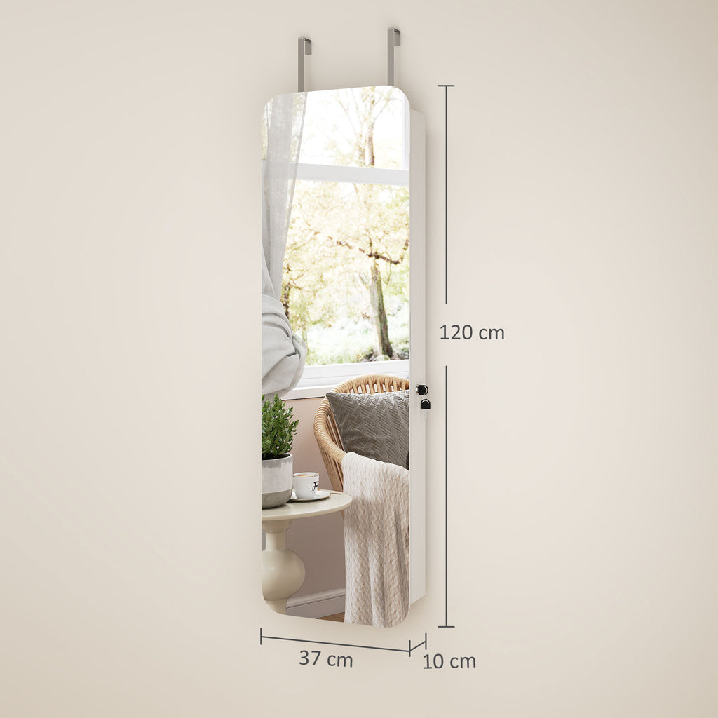 HOMCOM Wall-Mounted and Door-Mounted Jewelry Mirror with Illuminated Interior Mirror and Lock, 37x10x120 cm
