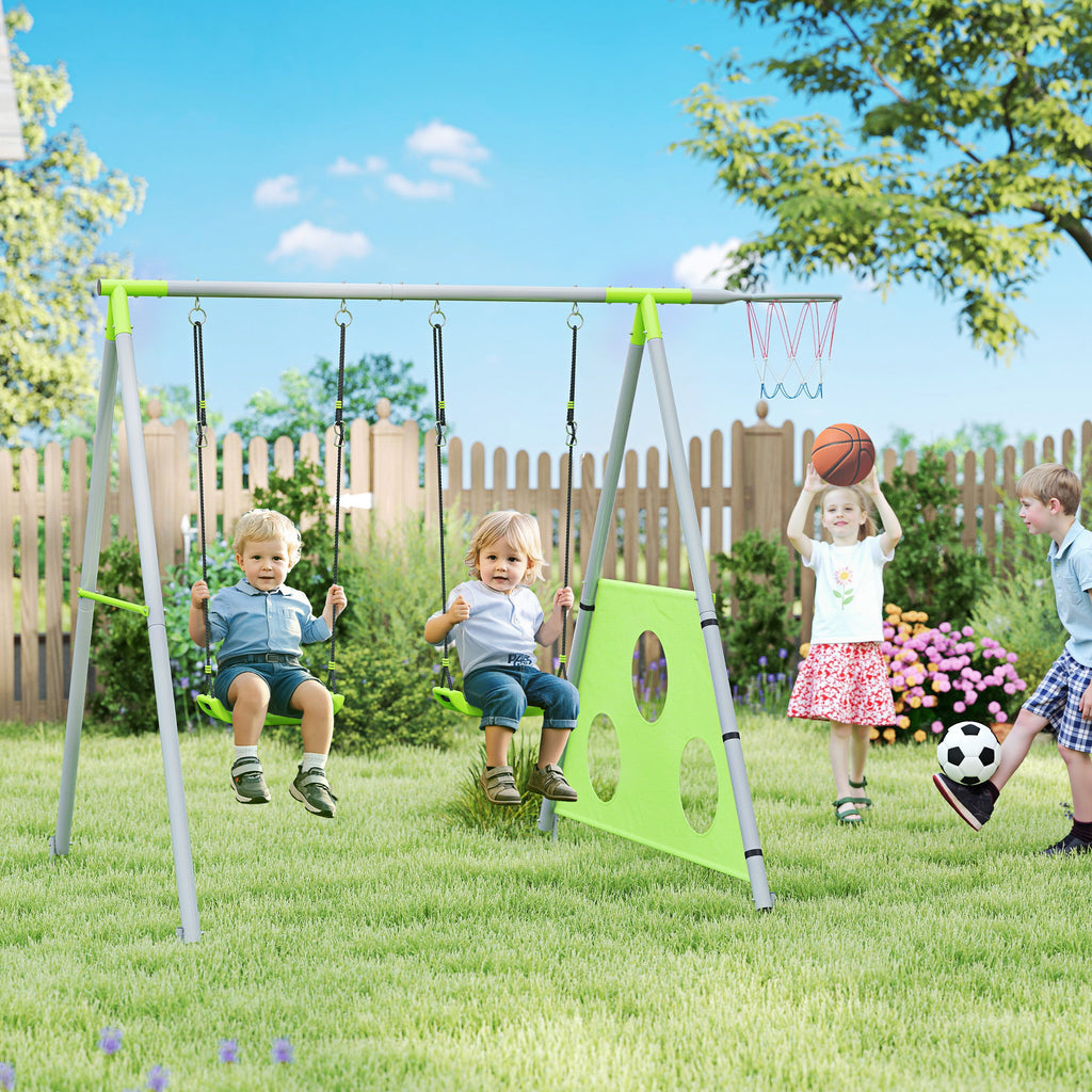3 in 1 Children's Play Set with Garden Swing, Basketball Hoop and Football Goal, 238x180x182 cm, Green and Grey