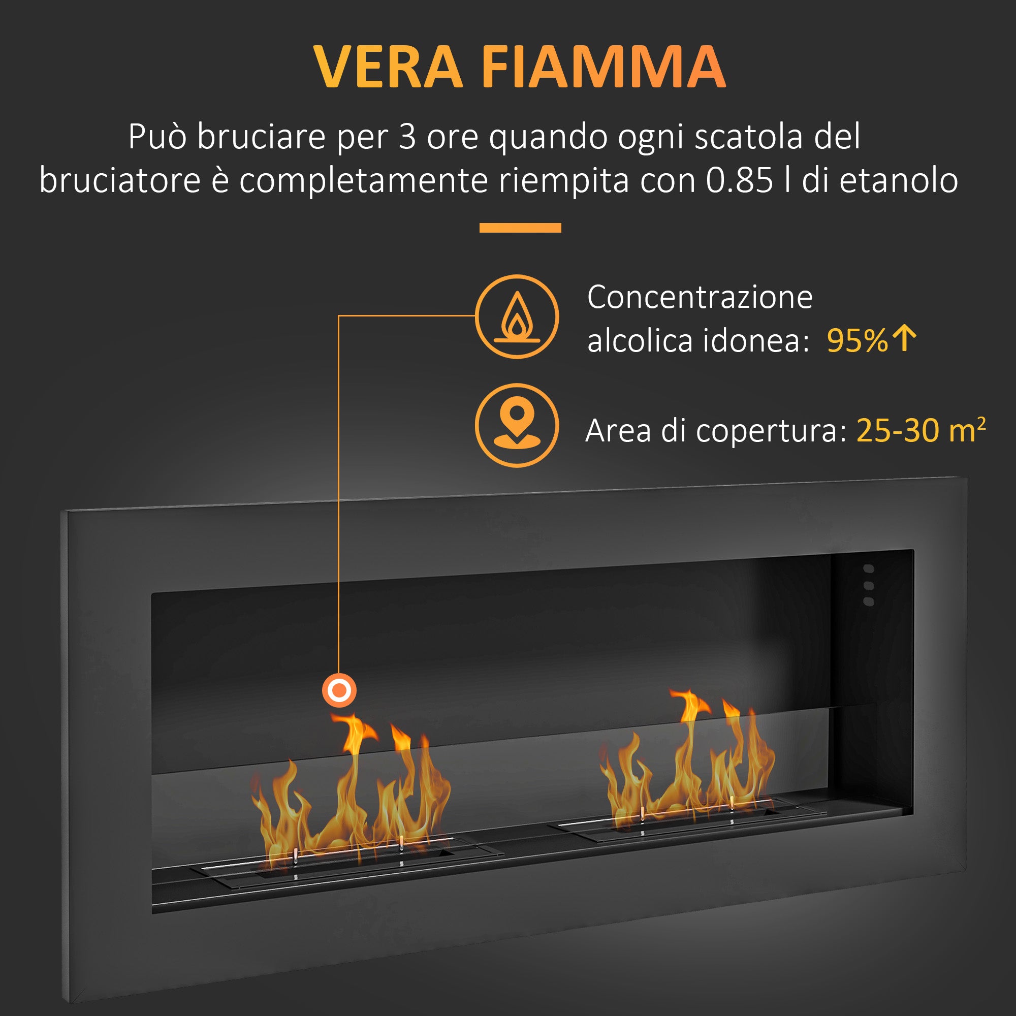 Built-in Bioethanol Fireplace in Stainless Steel, 2 x 0.85L Burners for 3 Hours of Burning, 90x15x40cm, Black