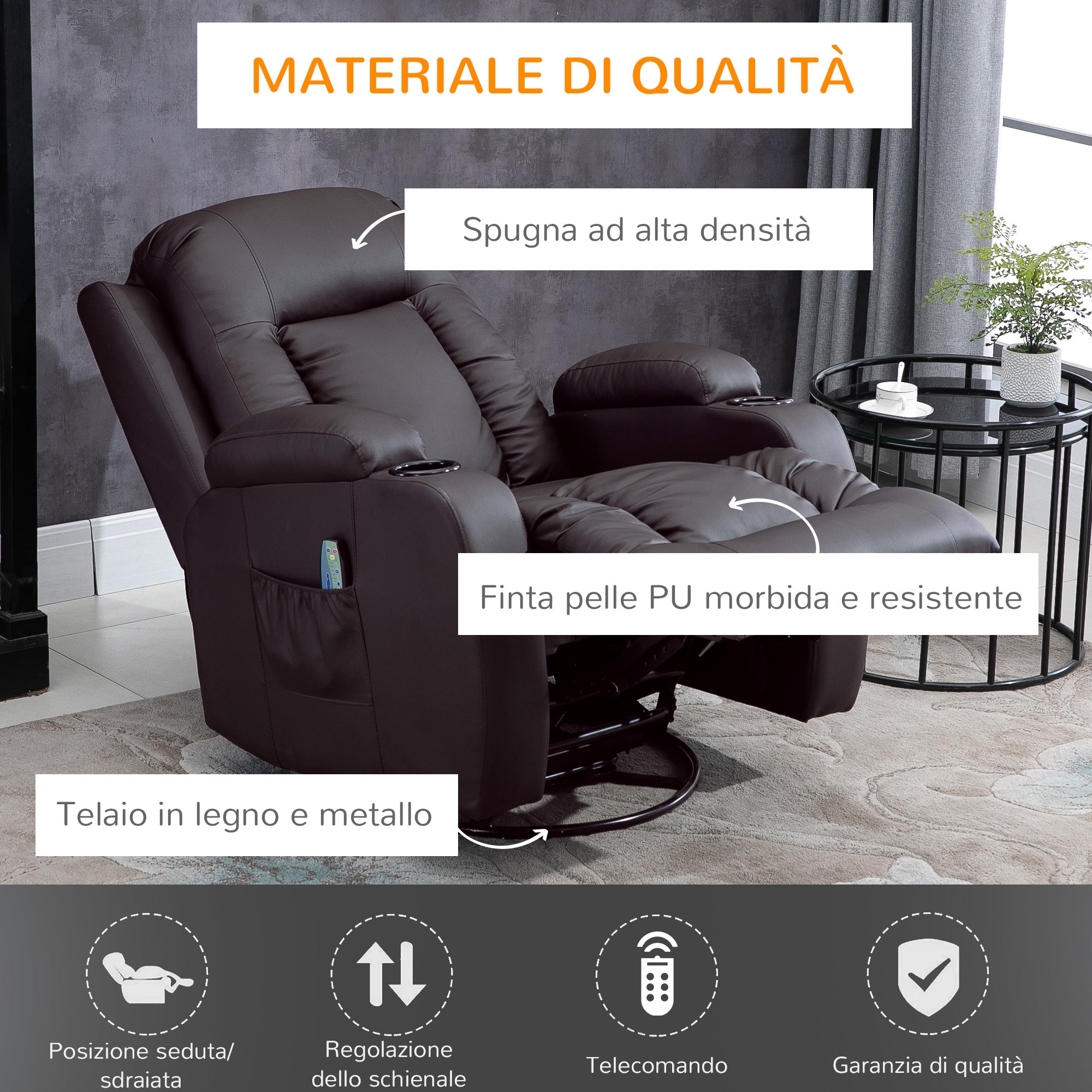 Homcom Campaign Relax Massive and heated with remote control, 85x94x104cm, fake brown leather - Borgè