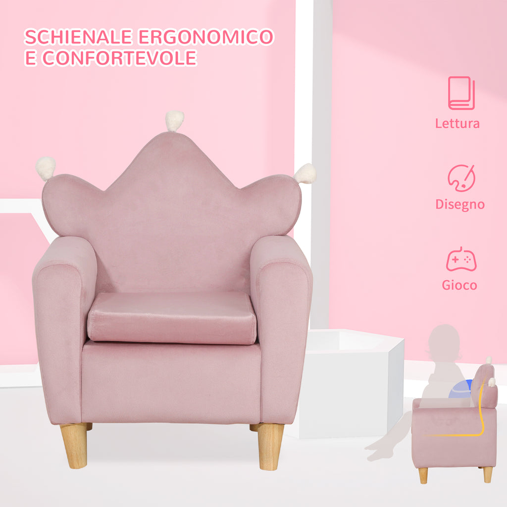 Pink Velvet Fabric Children's Armchair with Crown Backrest, 50.2 x 41.9 x 57.8 cm