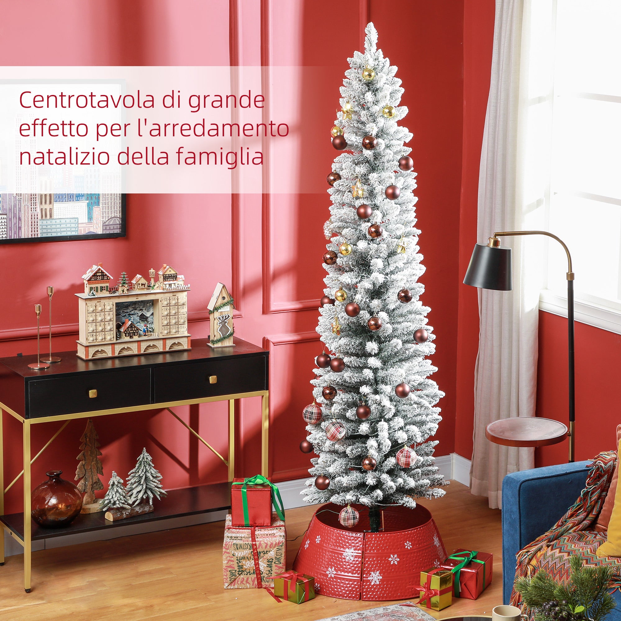 Snow-Covered Christmas Tree with 405 Branches and White LED Lights in Plastic and Metal, Ø57x210 cm, Green