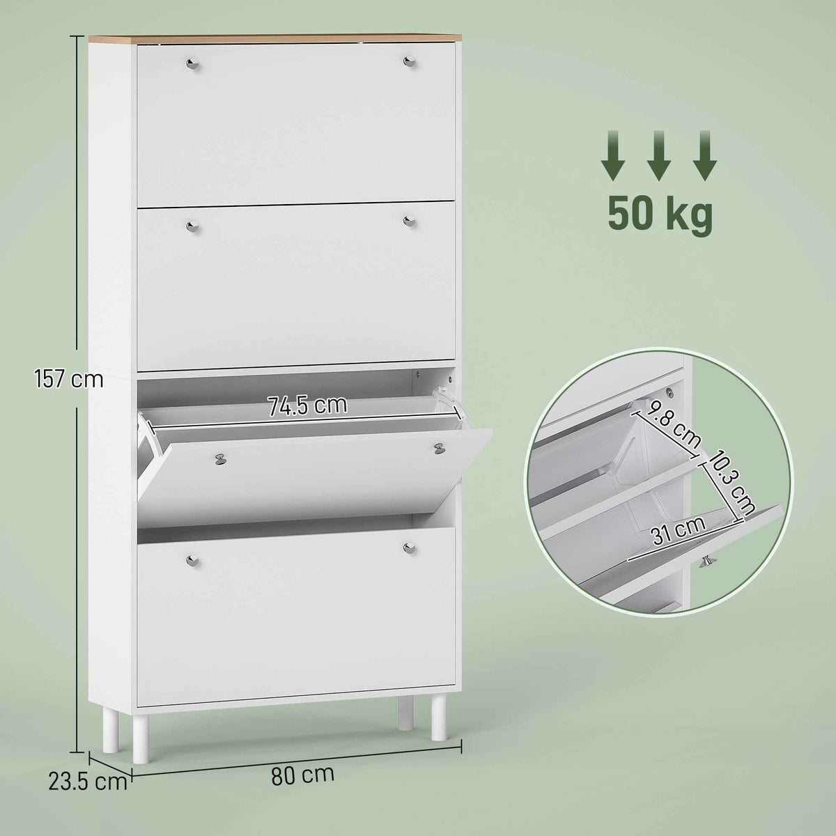 HOMCOM Slim Shoe Rack with 4 Folding Drawers and Adjustable Shelves for 24-32 Shoes, 80x23.5x157 cm, White