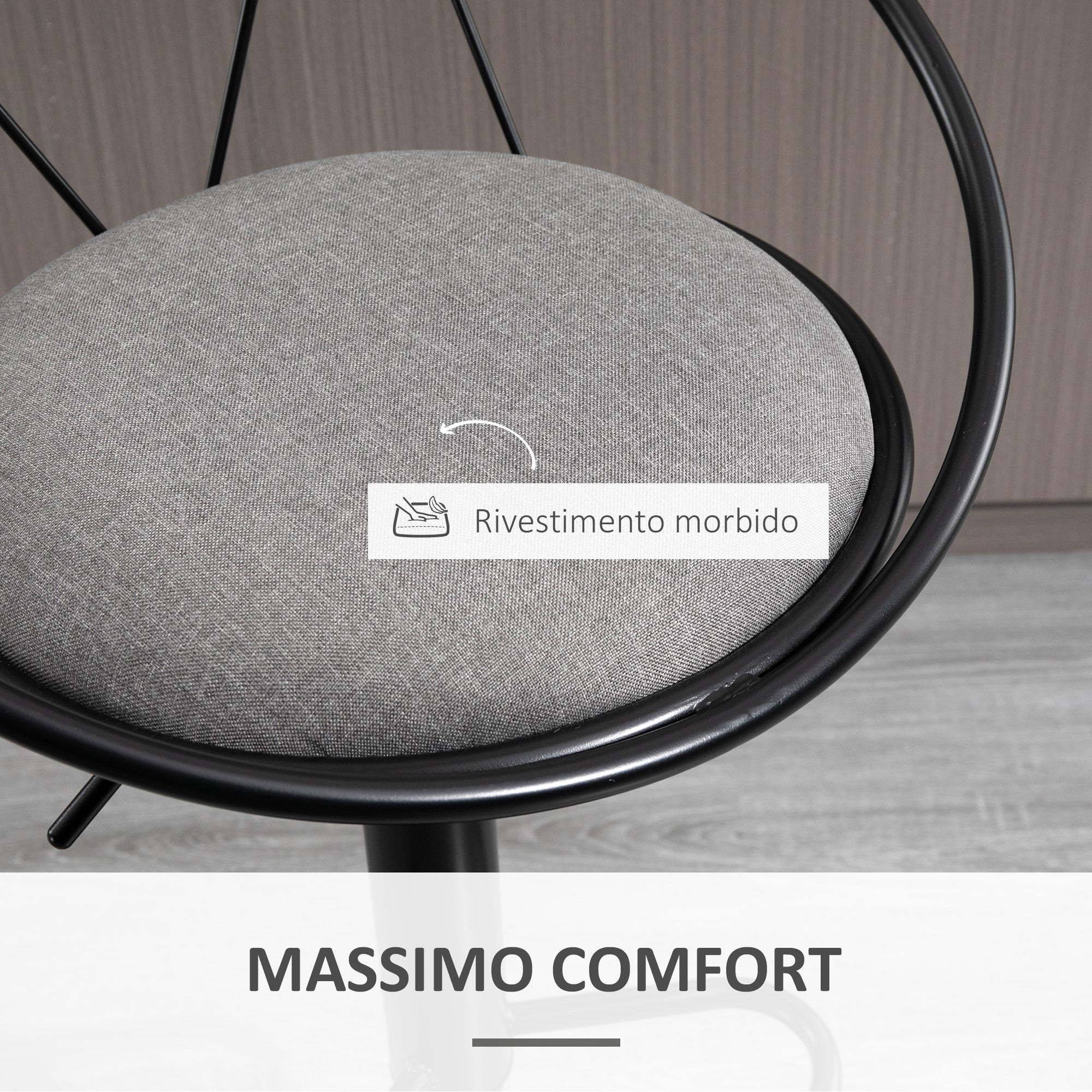 Set of 2 Bar Stools with Backrest and Footrest, Adjustable Height and Padded Seat, Grey