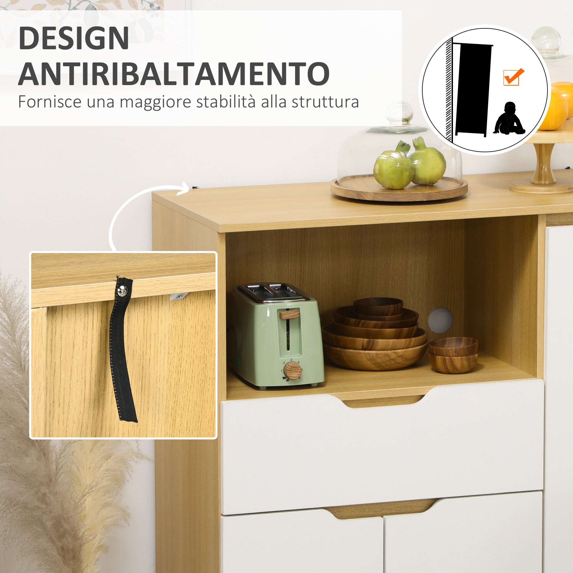 Microwave Cabinet with Open Shelf, Cabinets and Drawer, 90x40x98.5cm White and Wood