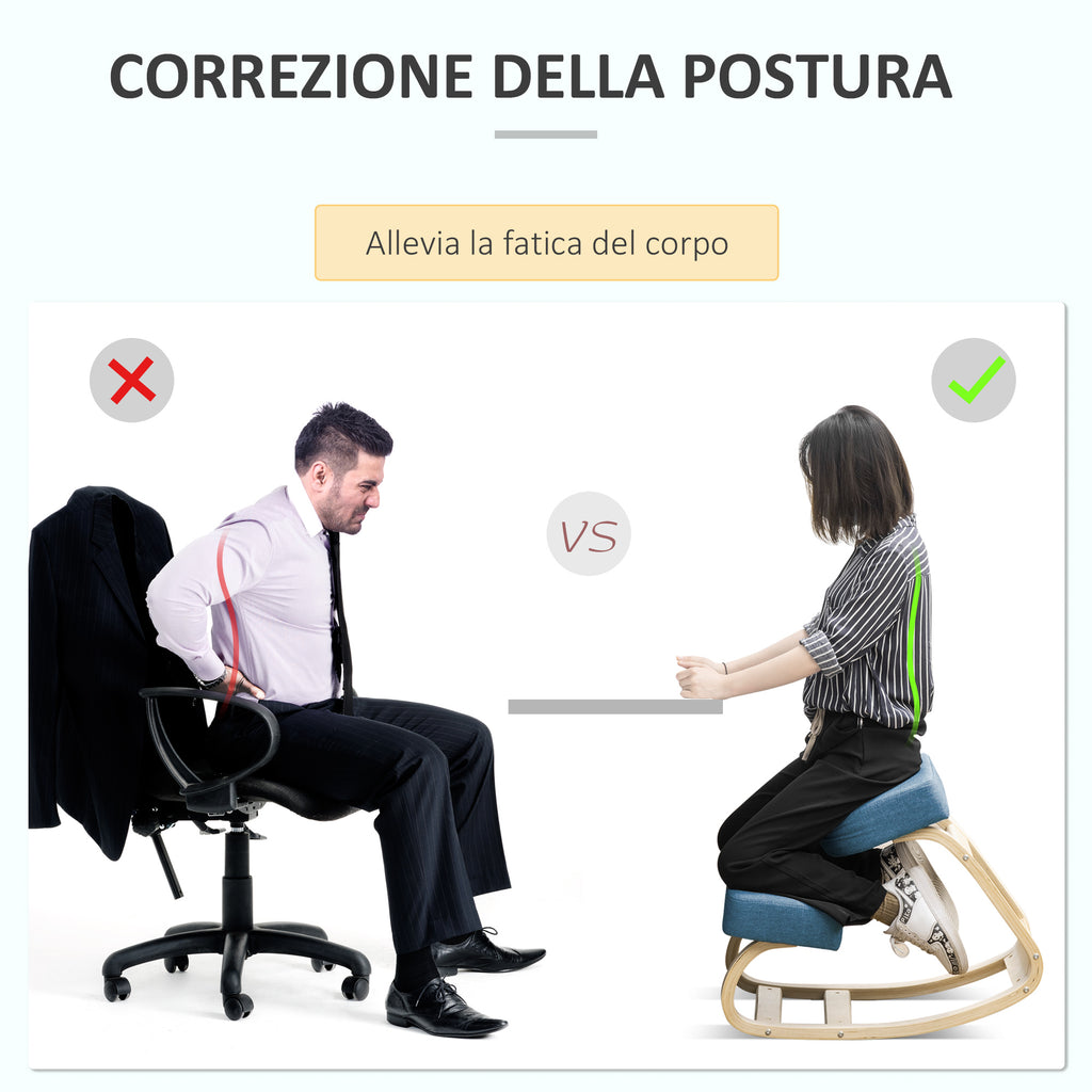 Ergonomic Chair with Kneeler in Birch Wood and Cushion, 51x69x58cm, Blue