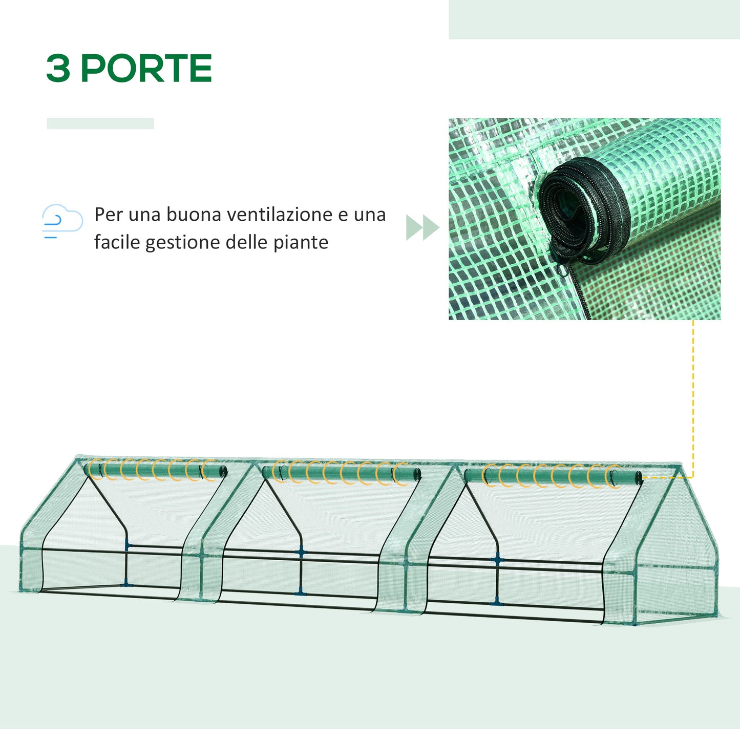 Mini Waterproof Plant Greenhouse with 3 Roll-Up Entrances, Steel & PE, 400x100x80 cm, Green