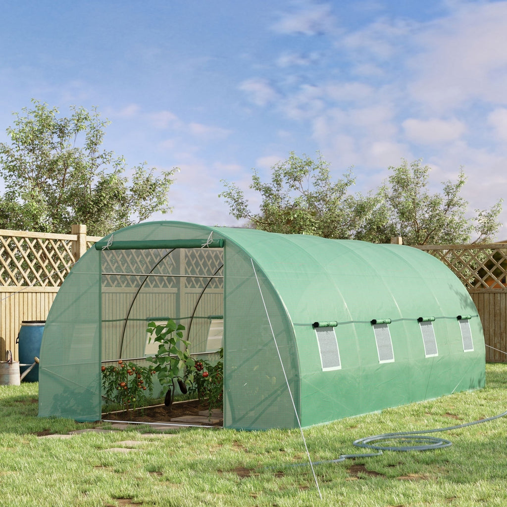 Outsunny Tunnel Greenhouse, Outdoor Vegetable Garden Greenhouse with Roll-Up Door and 8 Windows, 6x3x2 m, Steel and PE, Green