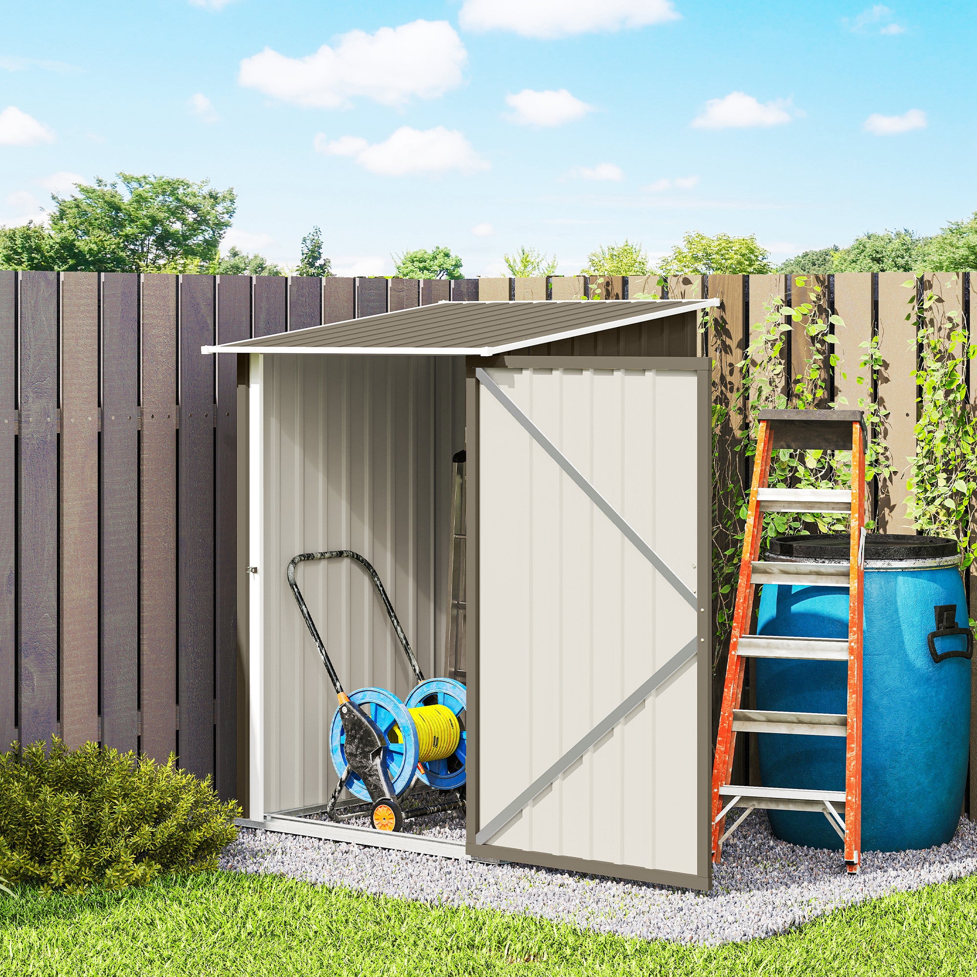 Outsunny Galvanized Steel Garden Shed with Door, 100x104x160 cm, Brown and White