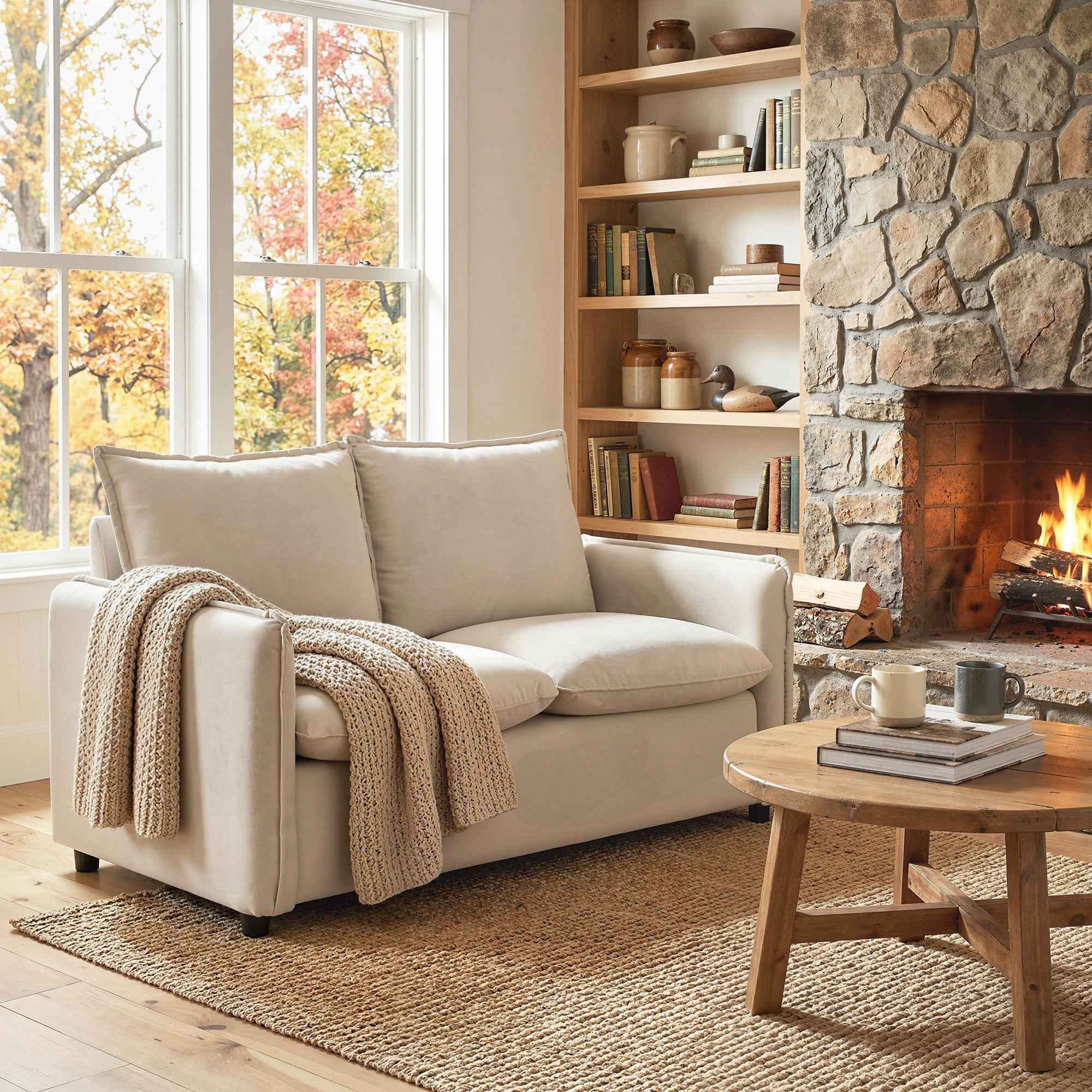 2-Seater Sofa with Breathable Leather Effect Fabric, Thick Padding, 2 Cushions, Armrests, for Living Room, Cream