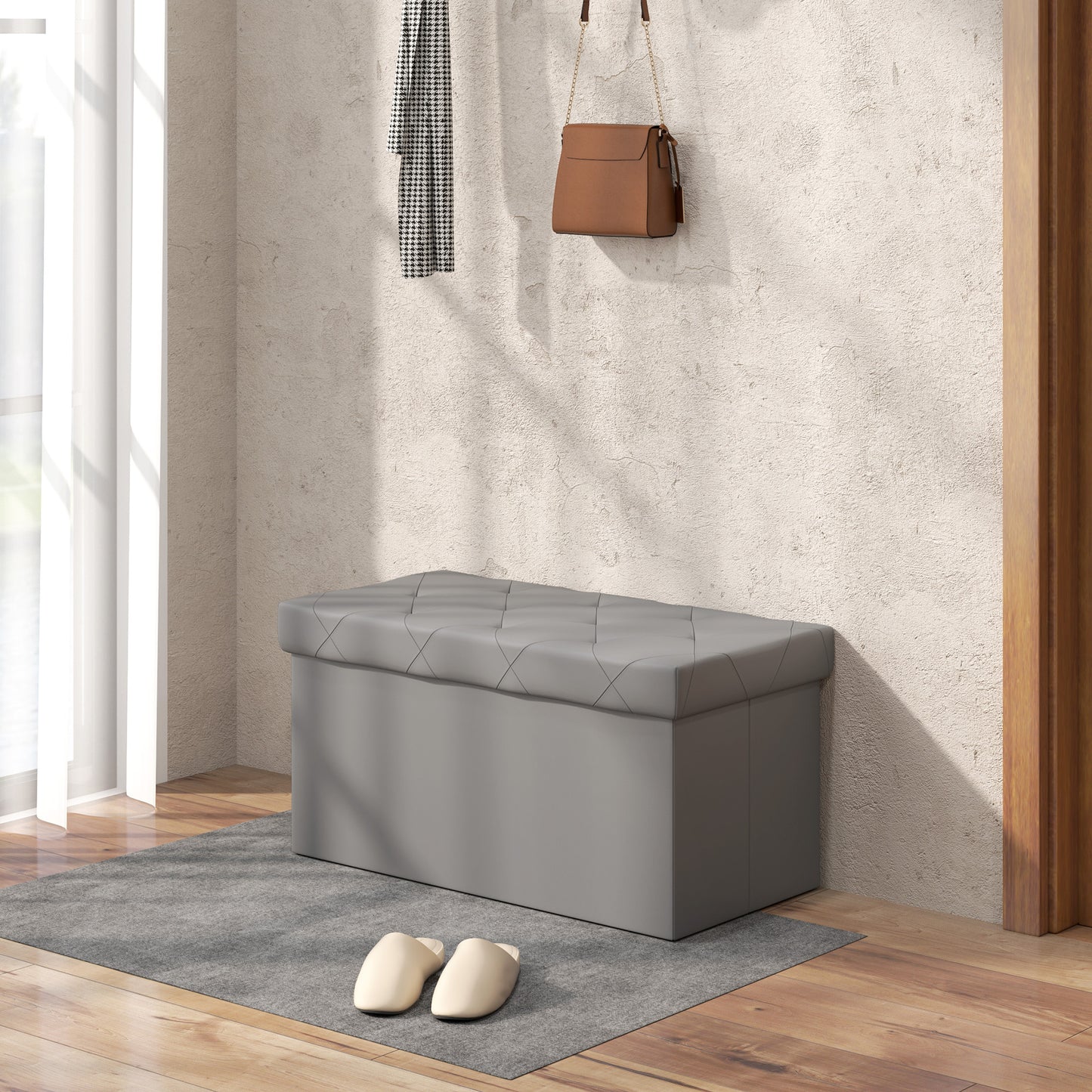 84L Folding Storage Bench, Padded Lid and Faux Leather Upholstery, 76x38x38cm, Grey