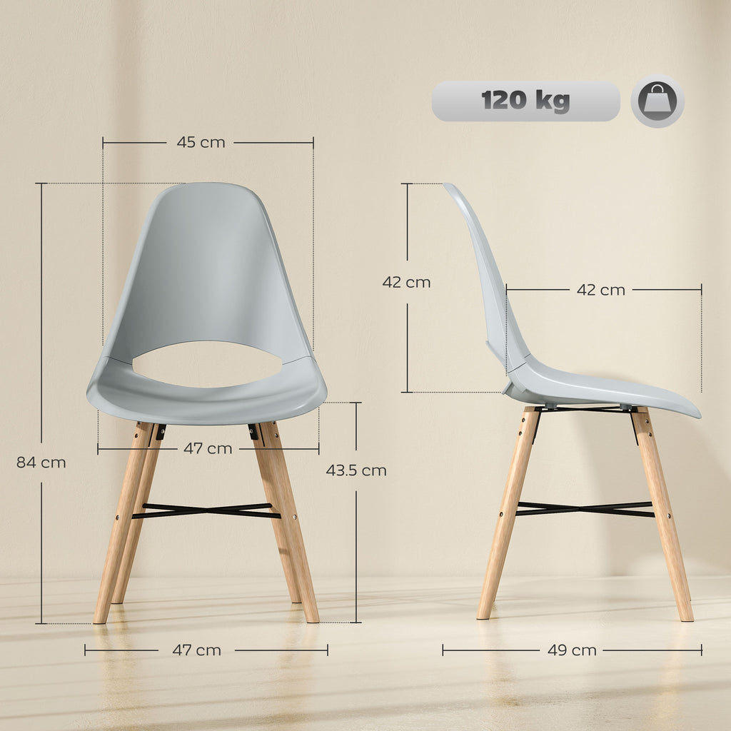 Set of 2 Nordic Style Plastic and Wood Dining Chairs with Curved Backrest, Grey