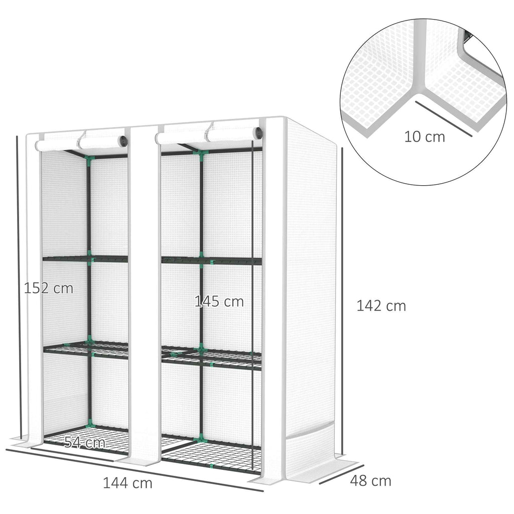 Outsunny Garden Greenhouse with 2 Roll-Up Doors, 3-Tier Shelving and Side Pockets, White and Gray