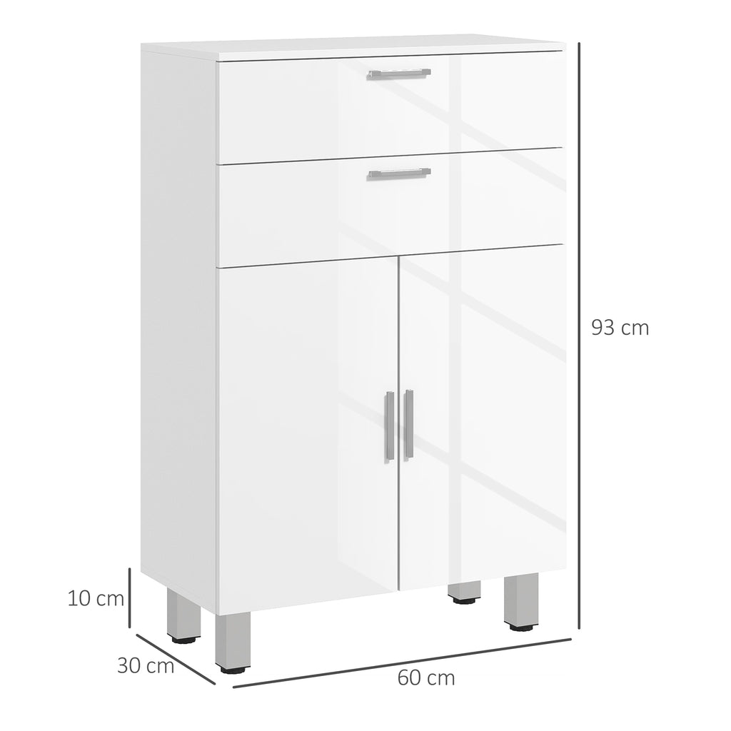 kleankin Bathroom Cabinet with 2 Drawers and Cabinet with Adjustable Shelf, Wooden, 60x30x93 cm, White