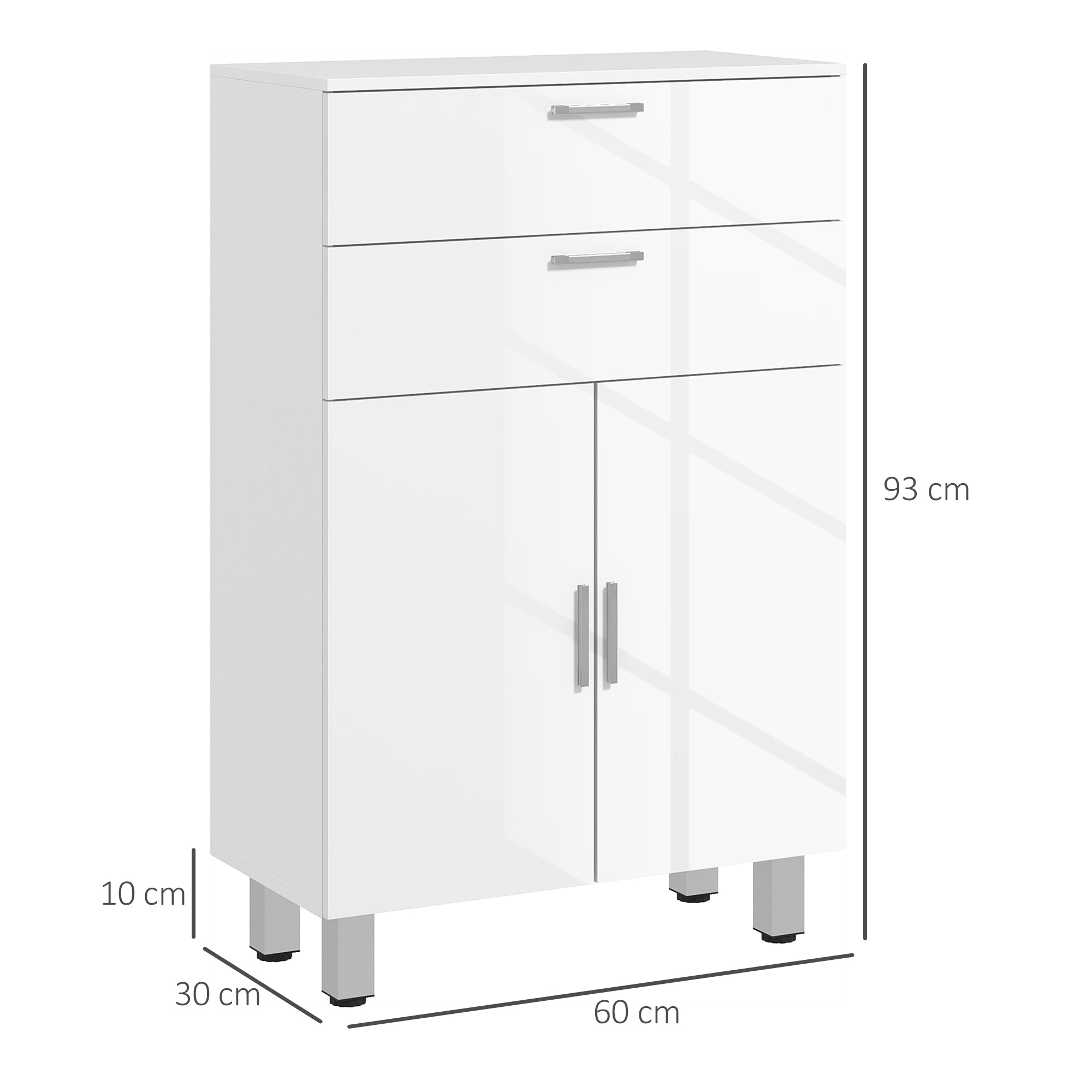 kleankin Bathroom Cabinet with 2 Drawers and Cabinet with Adjustable Shelf, Wooden, 60x30x93 cm, White
