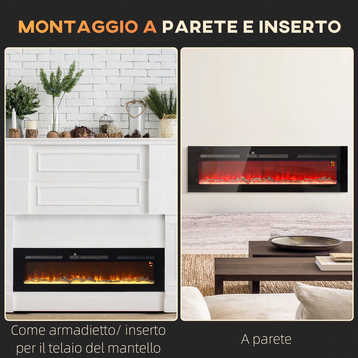 Electric Fireplace 1800W Adjustable with Remote Control, in Steel and Tempered Glass, 152.4x15.8x45 cm, Black