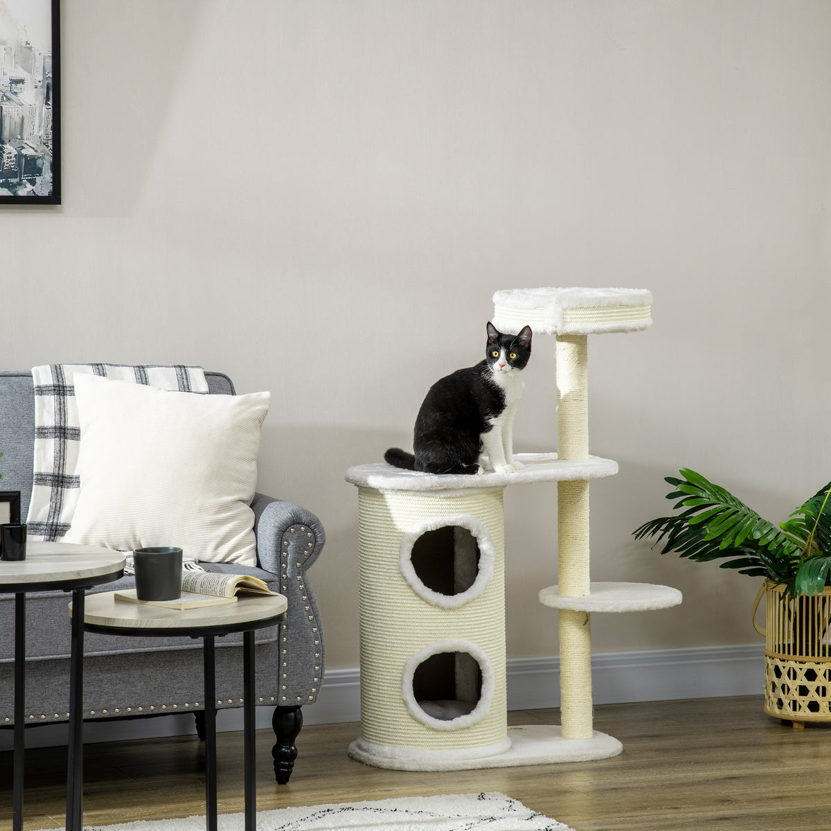 PawHut 100cm Cat Tree with Sisal Scratching Post, Basket and 2-Tier House, Cream