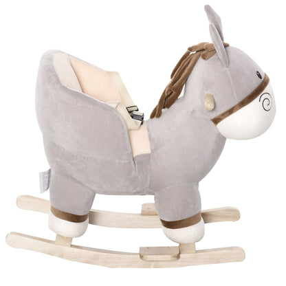 HOMCOM Rocking Horse for Children 18-36 Months, Donkey-Shaped Rocking Horse with Realistic Sounds in Poplar Wood and Plush, Gray