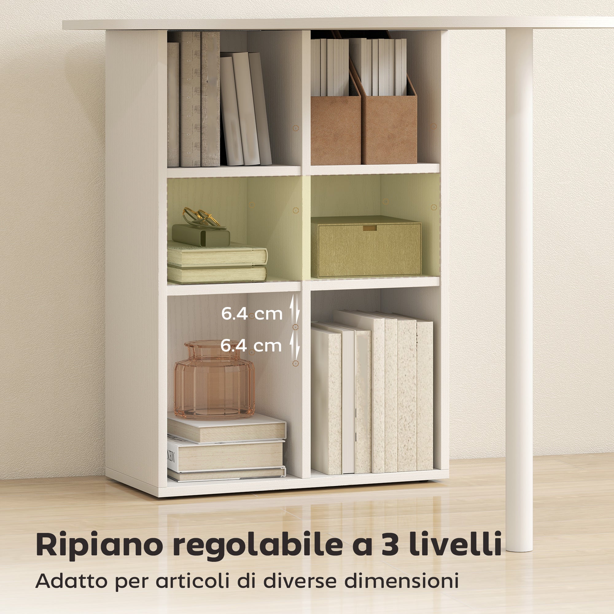 Curved Bedroom Desk with 6 Shelves and 4 Adjustable Shelves, Steel and Wood, 100x59x75.5 cm, White