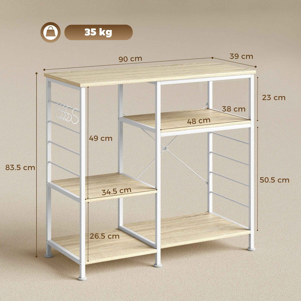 HOMCOM Kitchen Shelf with Wooden and Metal Shelves and 5 Hooks, Space-Saving, 90x39x83.5 cm, Oak