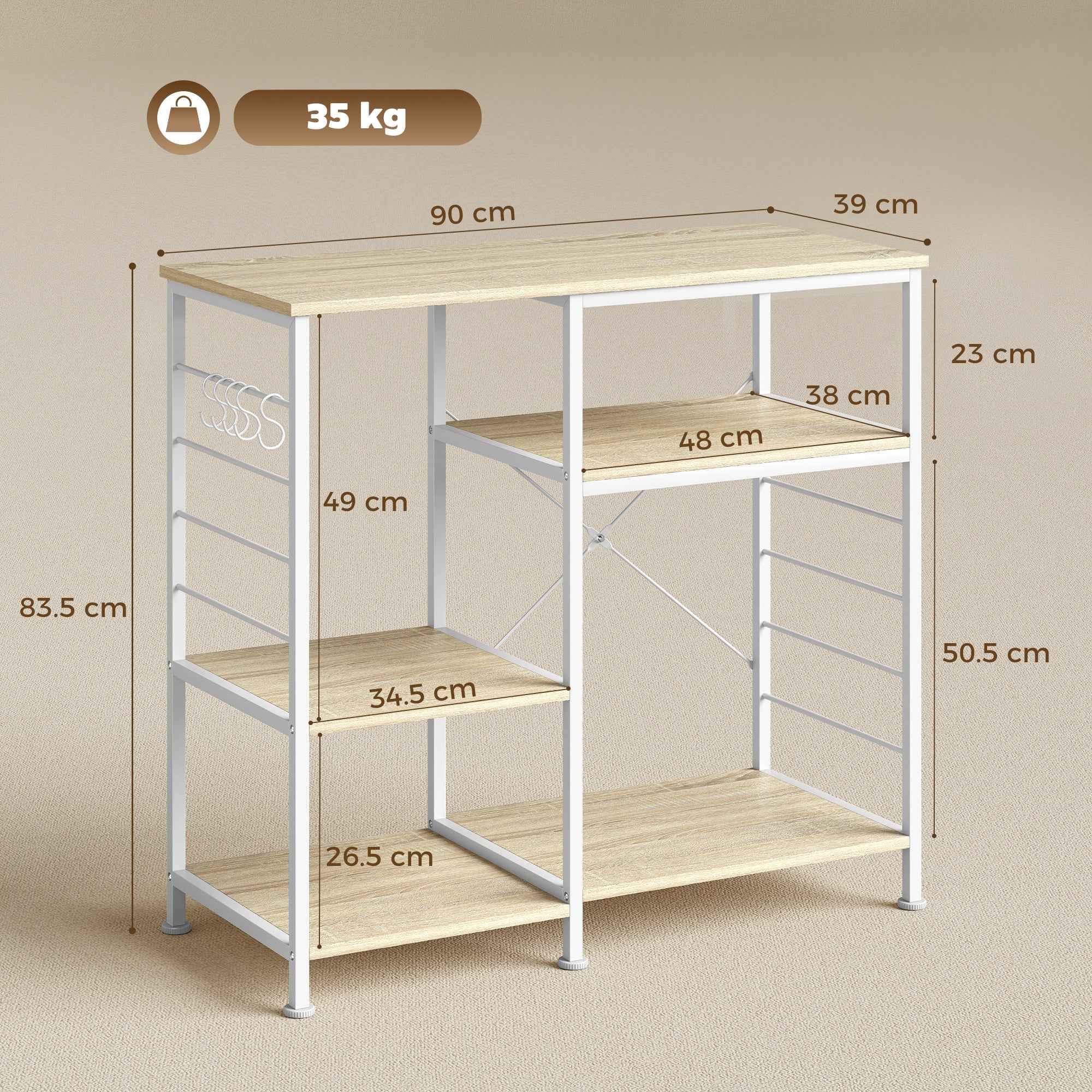 HOMCOM Kitchen Shelf with Wooden and Metal Shelves and 5 Hooks, Space-Saving, 90x39x83.5 cm, Oak