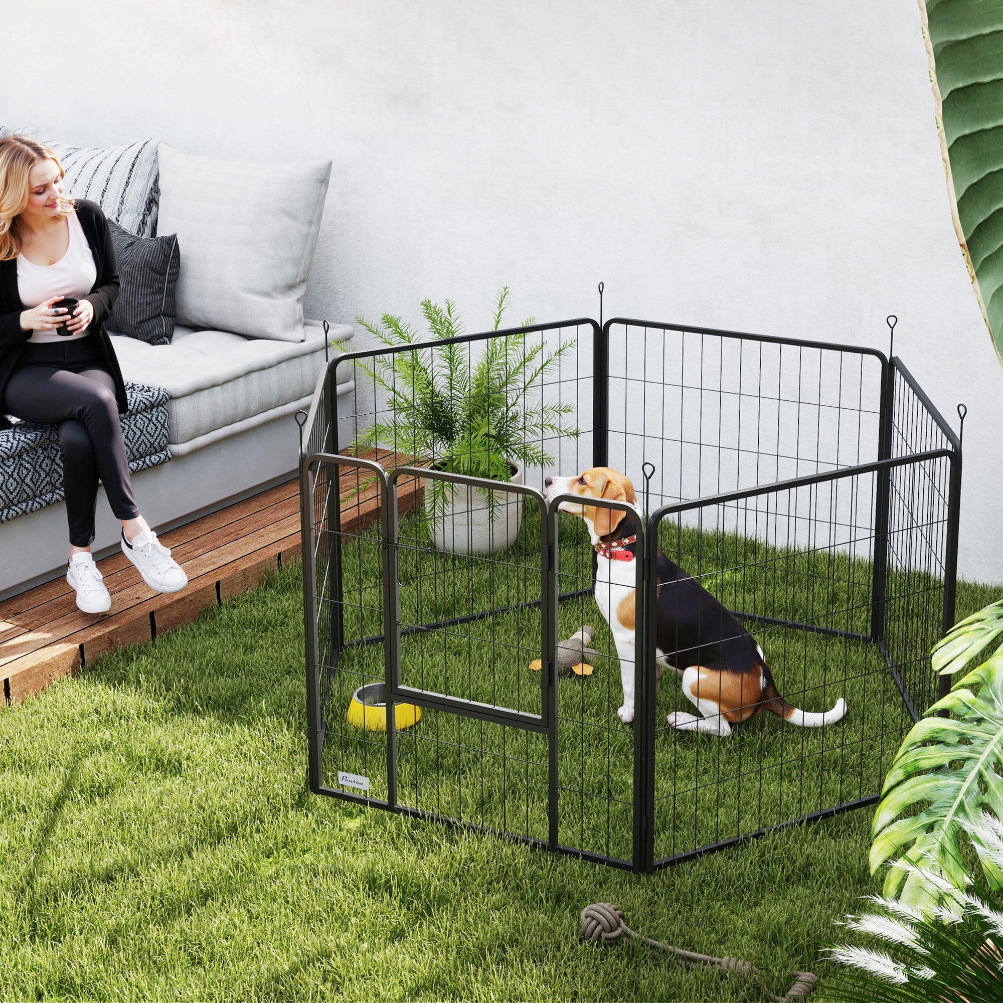 6-Panel Modular Folding Dog Run with Steel Door, Height 80 cm, Black