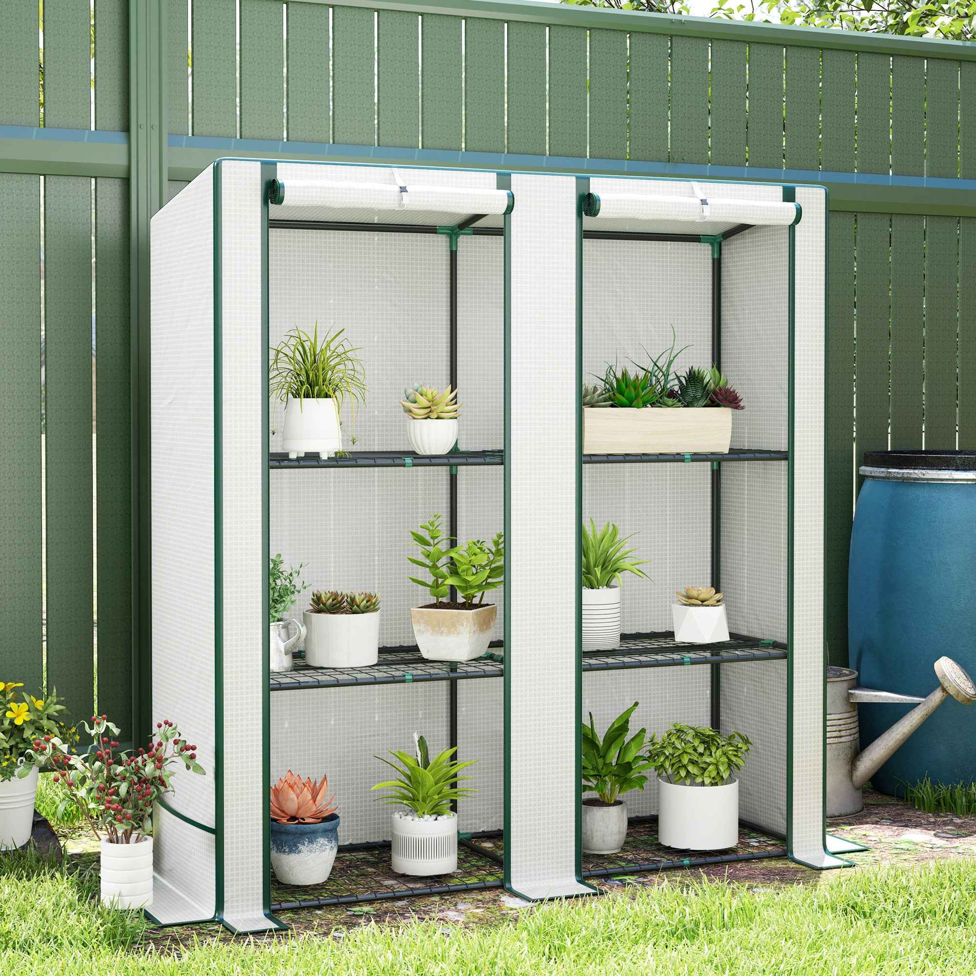Outsunny Garden Greenhouse with 2 Roll-Up Doors, 3-Tier Shelving and Side Pockets, White and Green