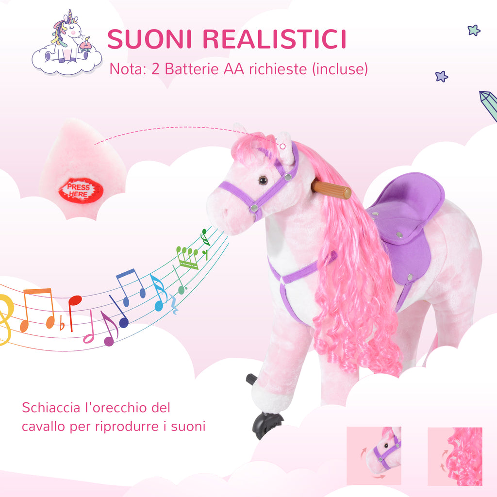 Rocking Horse for Children Ages 3+ with 4 Wheels, Realistic Sounds and Footrest, 65x28x75 cm, Pink