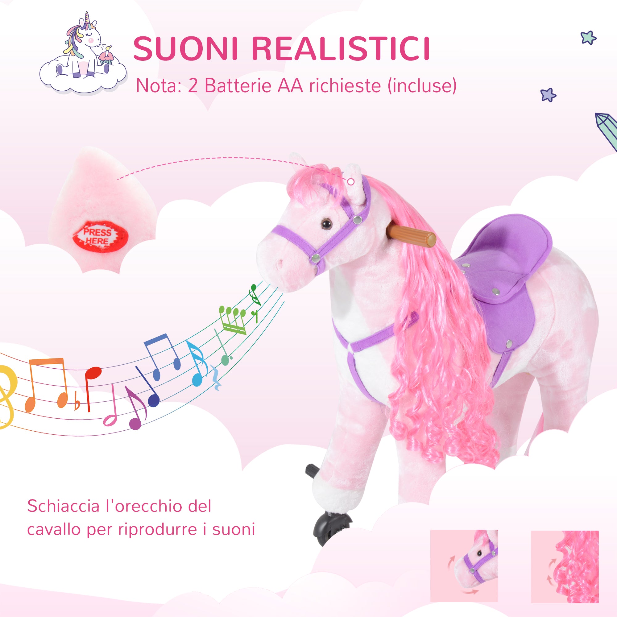 Rocking Horse for Children Ages 3+ with 4 Wheels, Realistic Sounds and Footrest, 65x28x75 cm, Pink