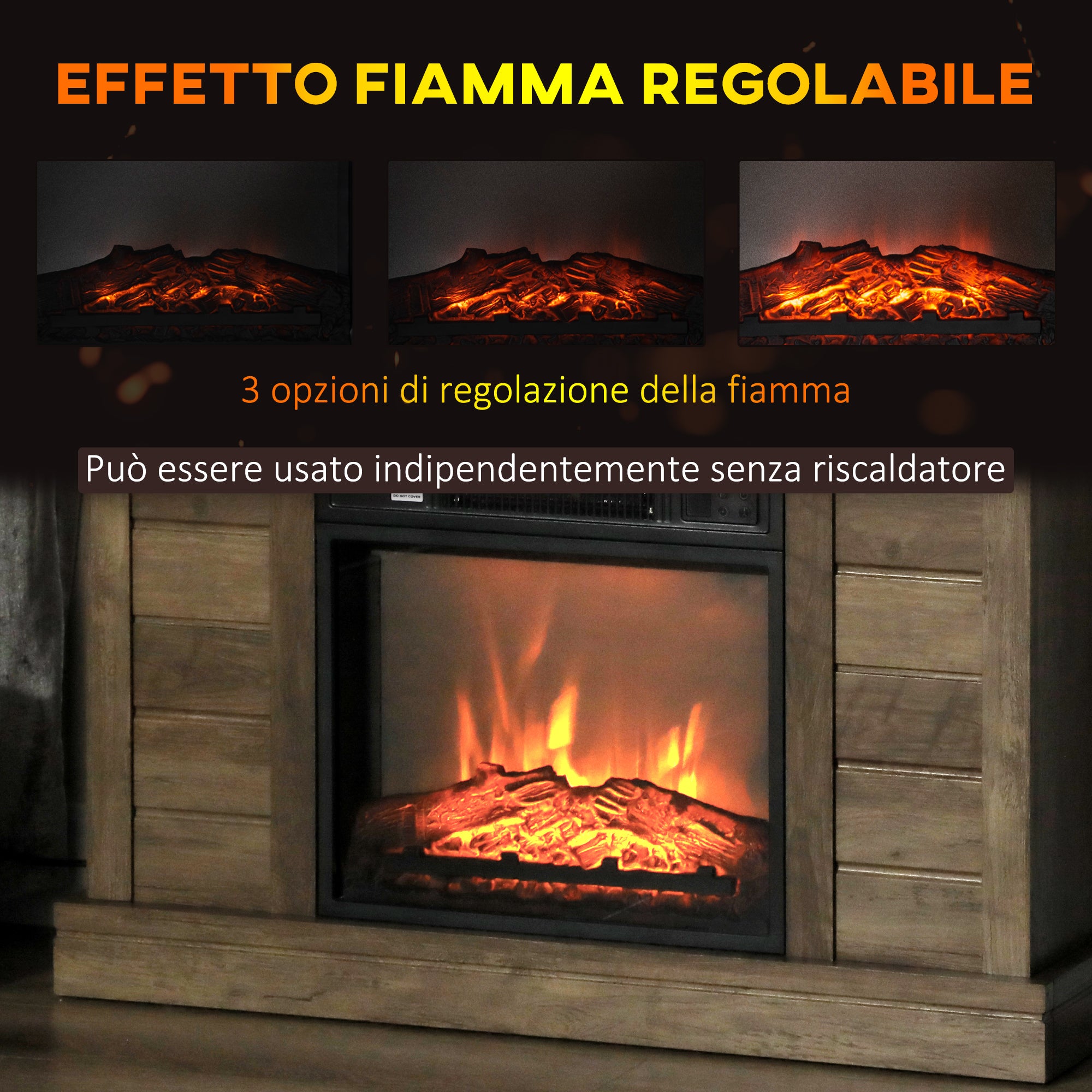 Electric Fireplace 1800W with Flame Effect and Remote Control, in Wood, Metal and Glass, 96.5x22x81.7 cm, Wood color