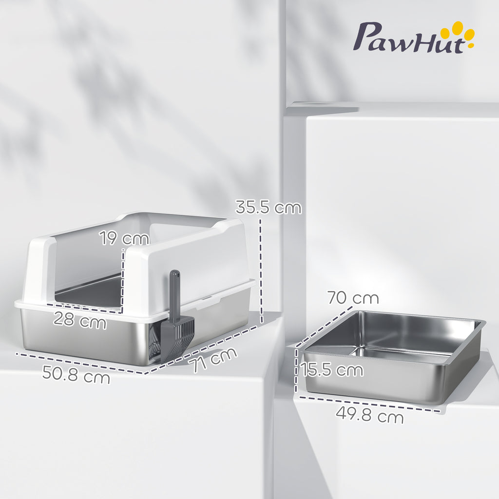 Waterproof Cat Litter Box with Raised Sides, Tray and Scoop, Made of ABS, 71x50.8x35.5 cm, White
