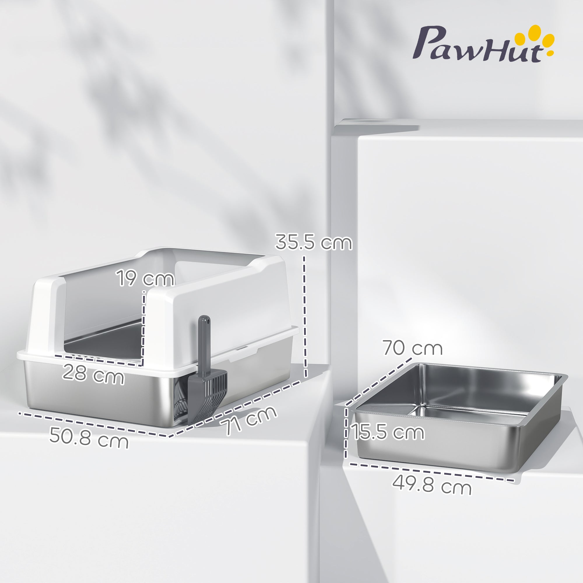 Waterproof Cat Litter Box with Raised Sides, Tray and Scoop, Made of ABS, 71x50.8x35.5 cm, White