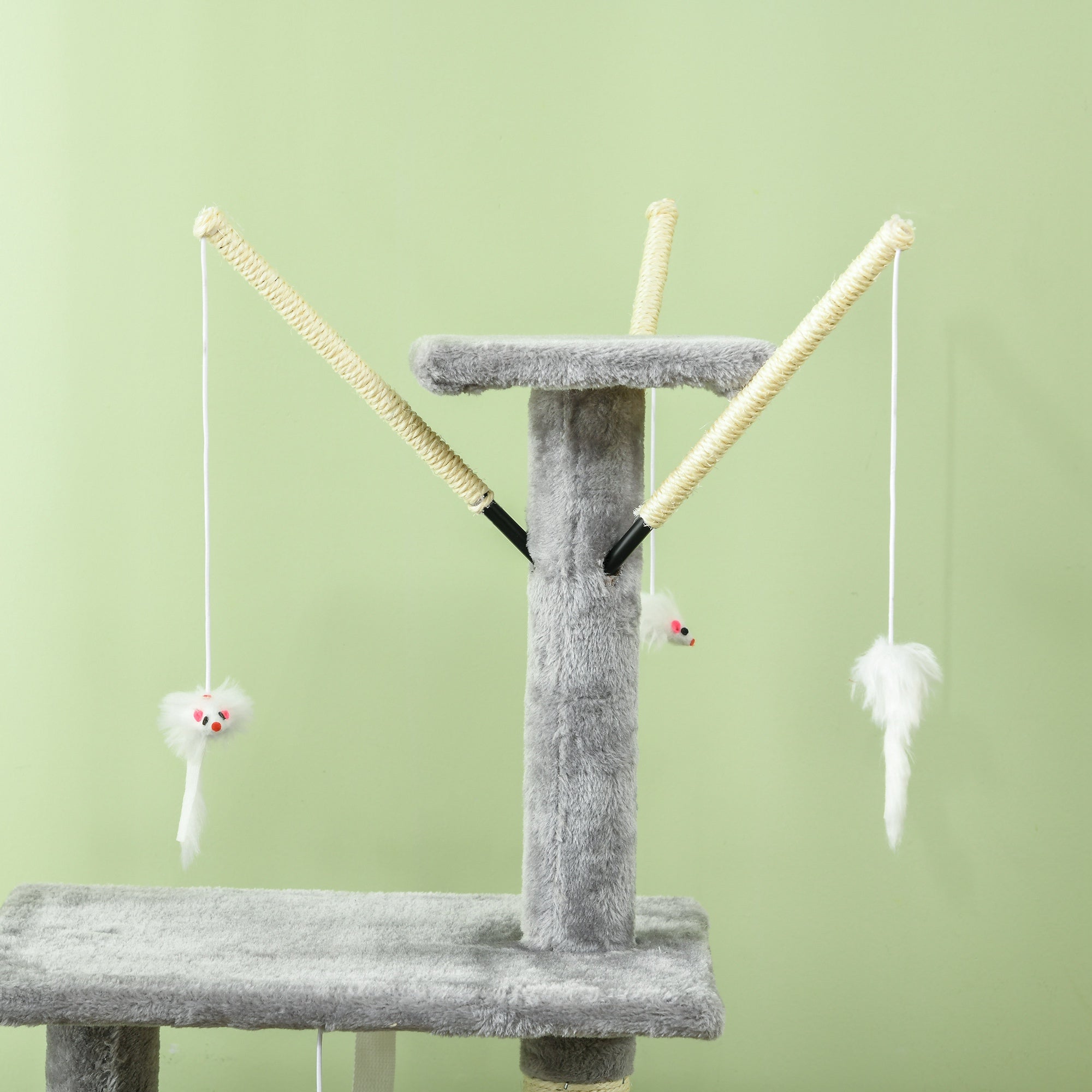 Cat Tower with House, Perch, Platforms and 4 Mice, Made of Wood, Plush and Sisal, 50x35x134.2 cm, Grey