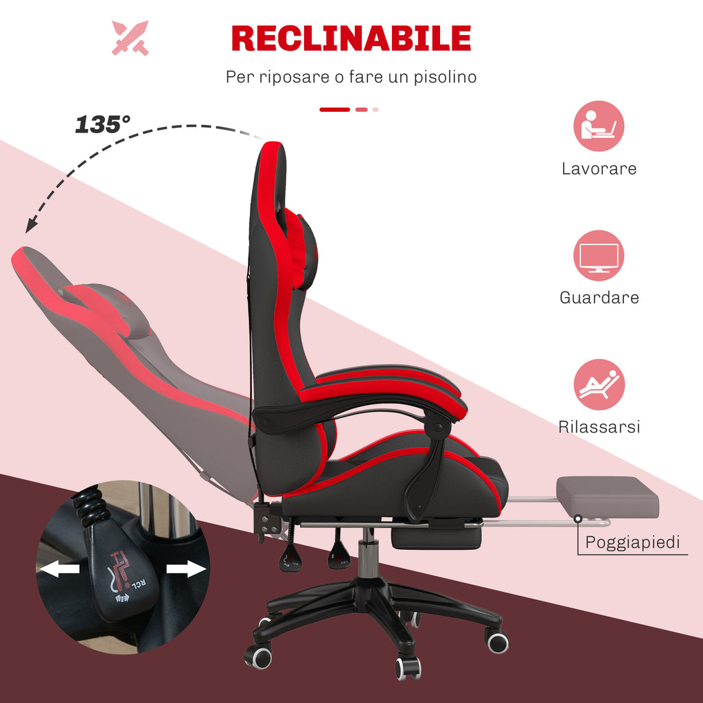 Gaming Chair with Adjustable Height and Reclining Backrest, 65x65x121-129 cm, Black and Red