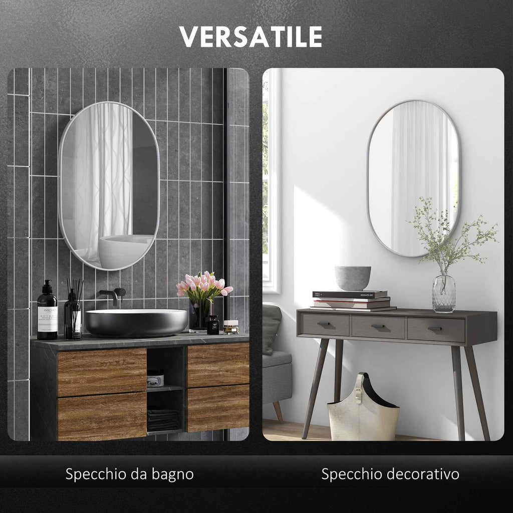 HOMCOM Oval Bathroom Mirror with Aluminum Frame, Vertical or Horizontal, 60x90 cm, Silver
