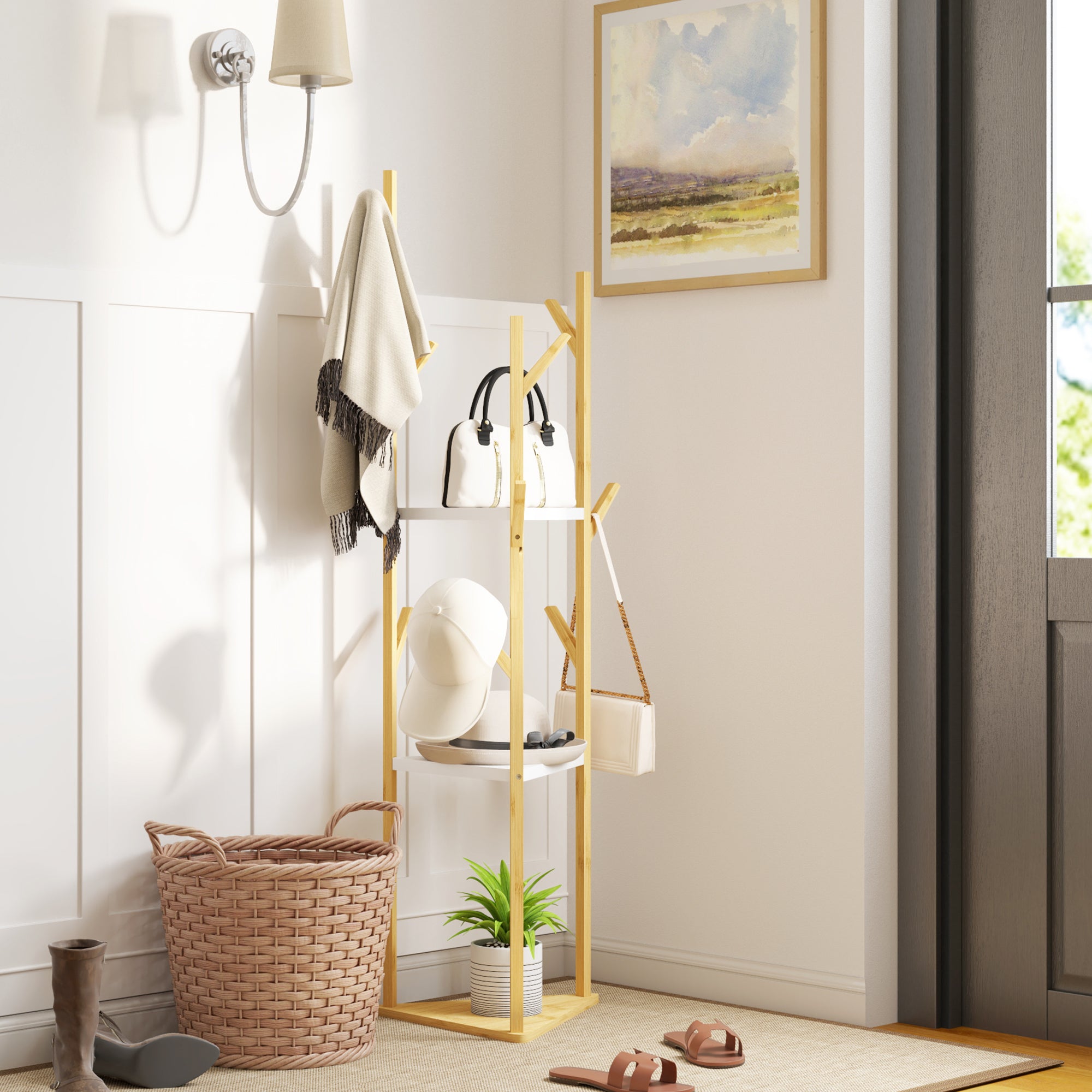 Tree Clothes Hanger in Bamboo with 8 Hooks and 3 Shelves, Natural Wood and White
