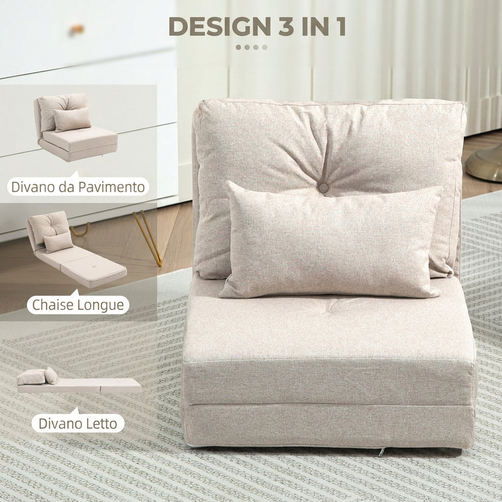 HOMCOM 3-in-1 Folding Futon Sofa Bed with 2 Washable Cushions, 5-Position Reclining Linen Fabric, Beige