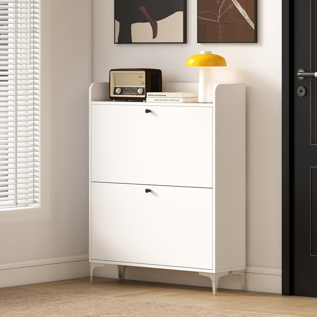 Slim Shoe Rack with 2 Flap Drawers and Adjustable Shelves, Made of Wood and Metal, 80x24x101 cm, White
