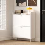 Slim Shoe Rack with 2 Flap Drawers and Adjustable Shelves, Made of Wood and Metal, 80x24x101 cm, White