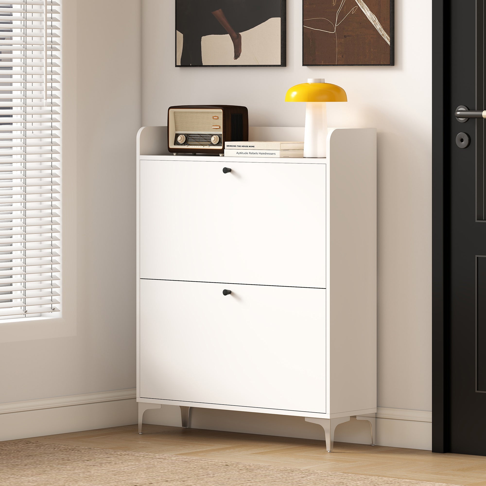 Slim Shoe Rack with 2 Flap Drawers and Adjustable Shelves, Made of Wood and Metal, 80x24x101 cm, White