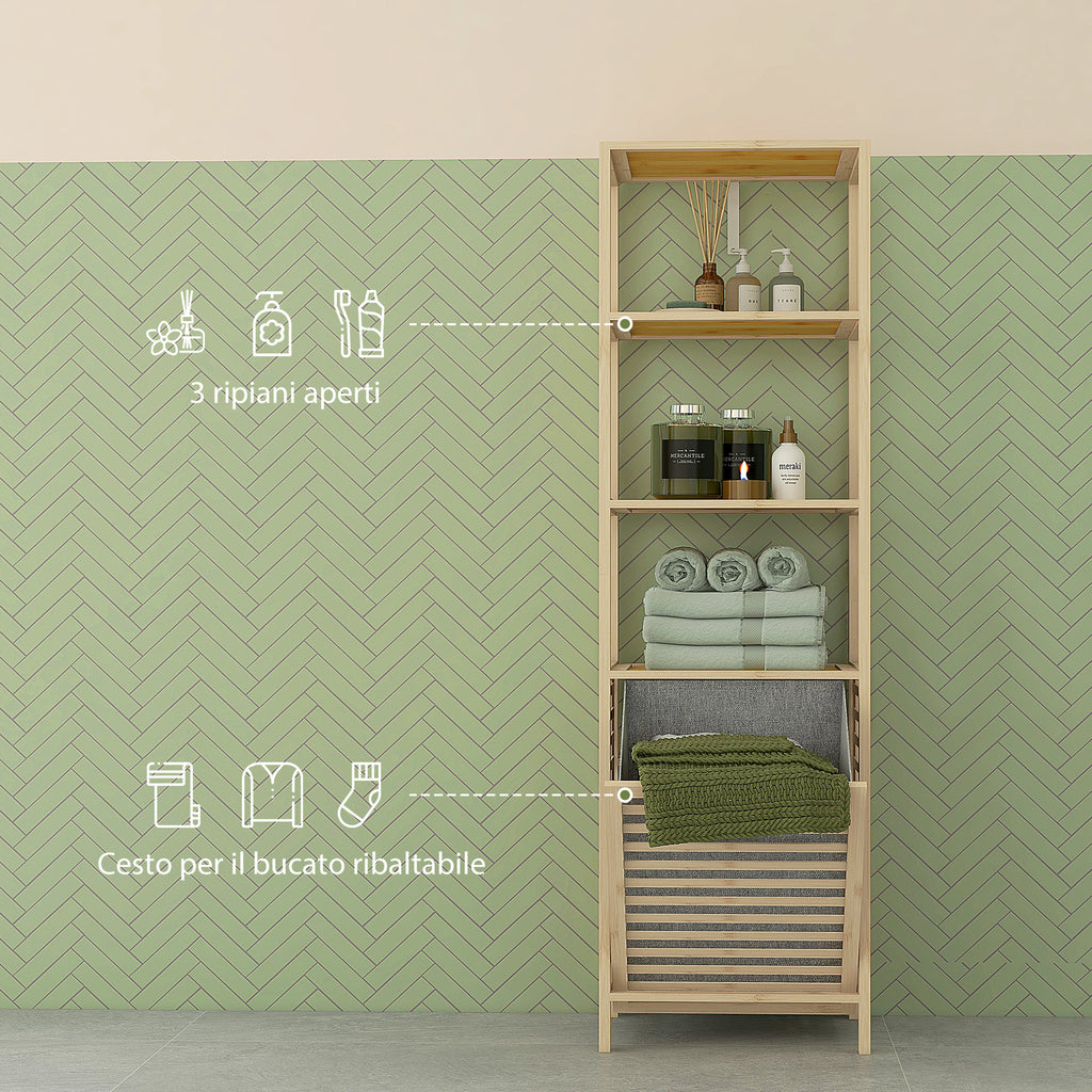 HOMCOM Bathroom Column with 3 Bamboo Wood Shelves and Fabric Laundry Basket, 44x33x160cm - Borgè