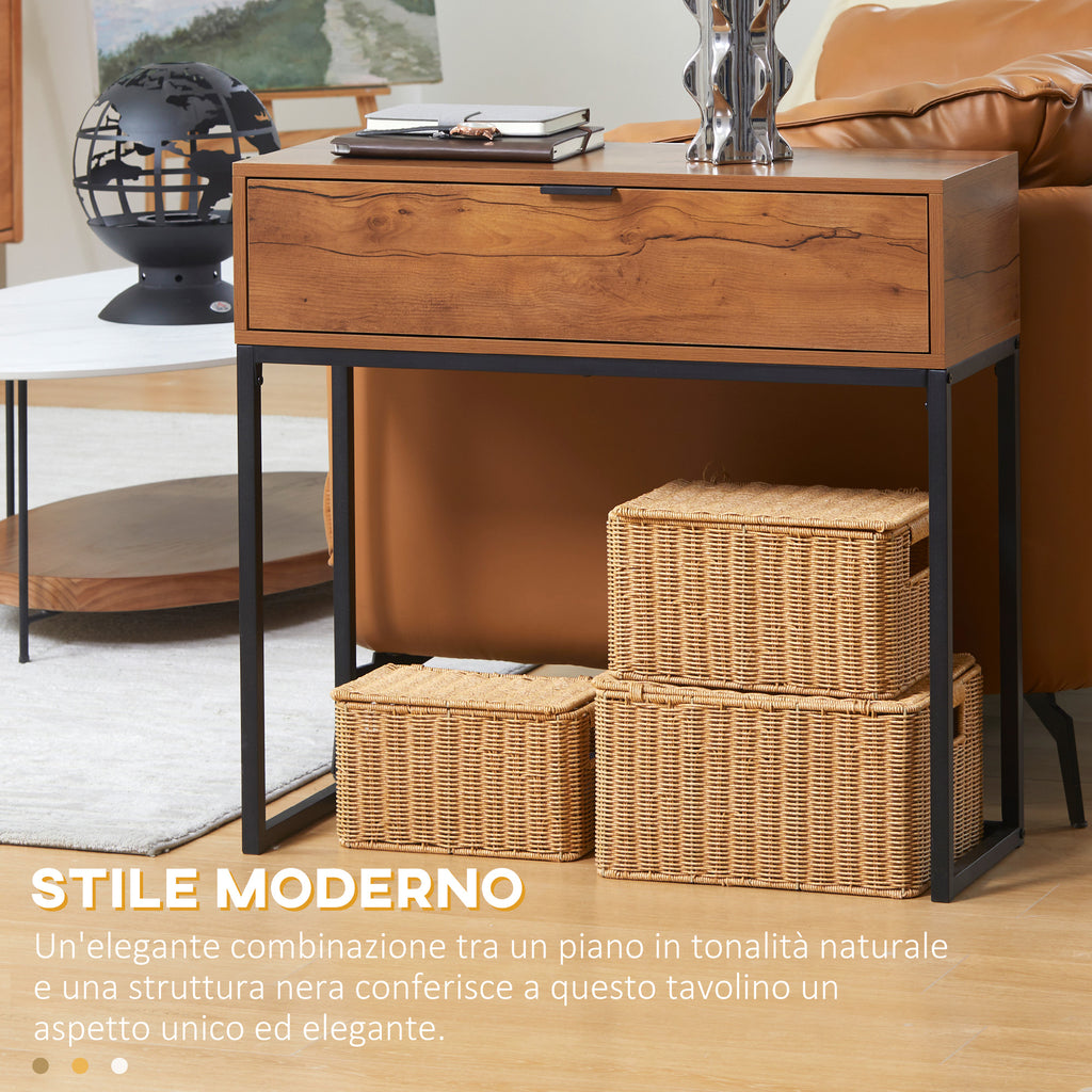 Minimalist Entryway Console Table with Drawer, Wood and Steel, 80x30x76 cm, Wood and Black Color