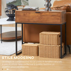 Minimalist Entryway Console Table with Drawer, Wood and Steel, 80x30x76 cm, Wood and Black Color