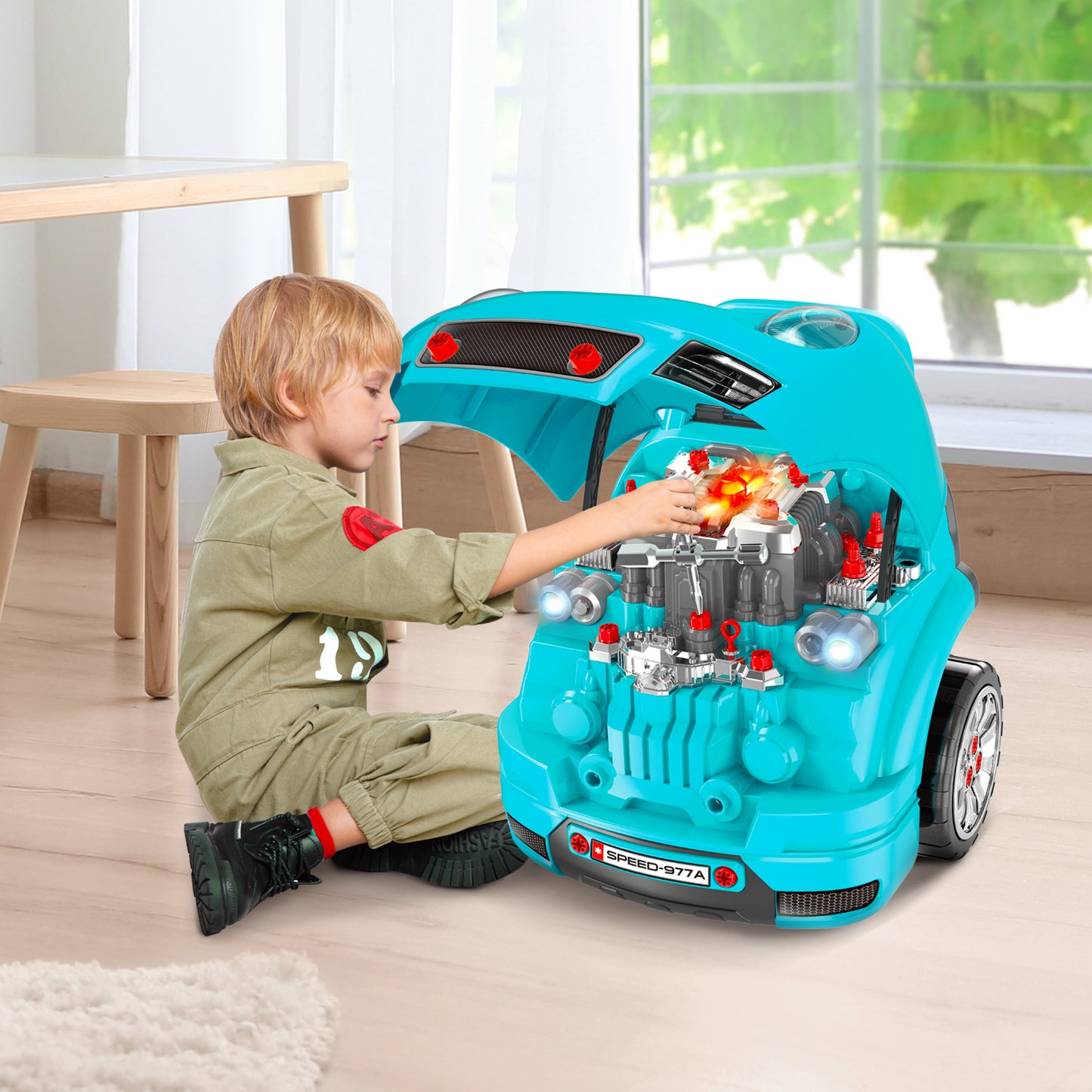 HOMCOM Workshop Toy Truck for Children 3-5 Years, 61 Pieces with Handle, in ABS and PP, 40x39x47 cm, Black and Light Blue